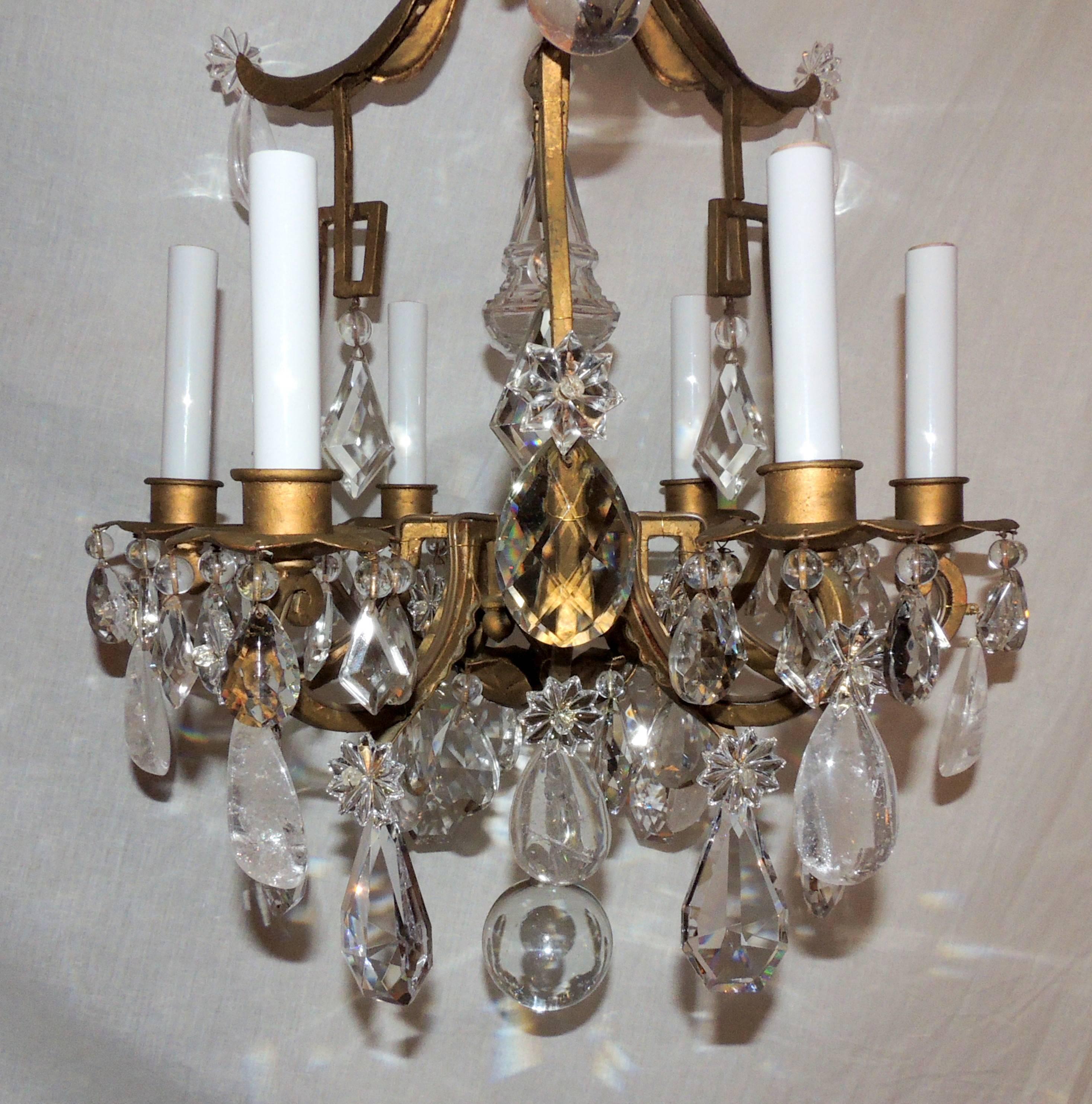 Wonderful French Pagoda Gilt Rock Crystal Bagues Chandelier Six-Light Fixture In Good Condition For Sale In Roslyn, NY