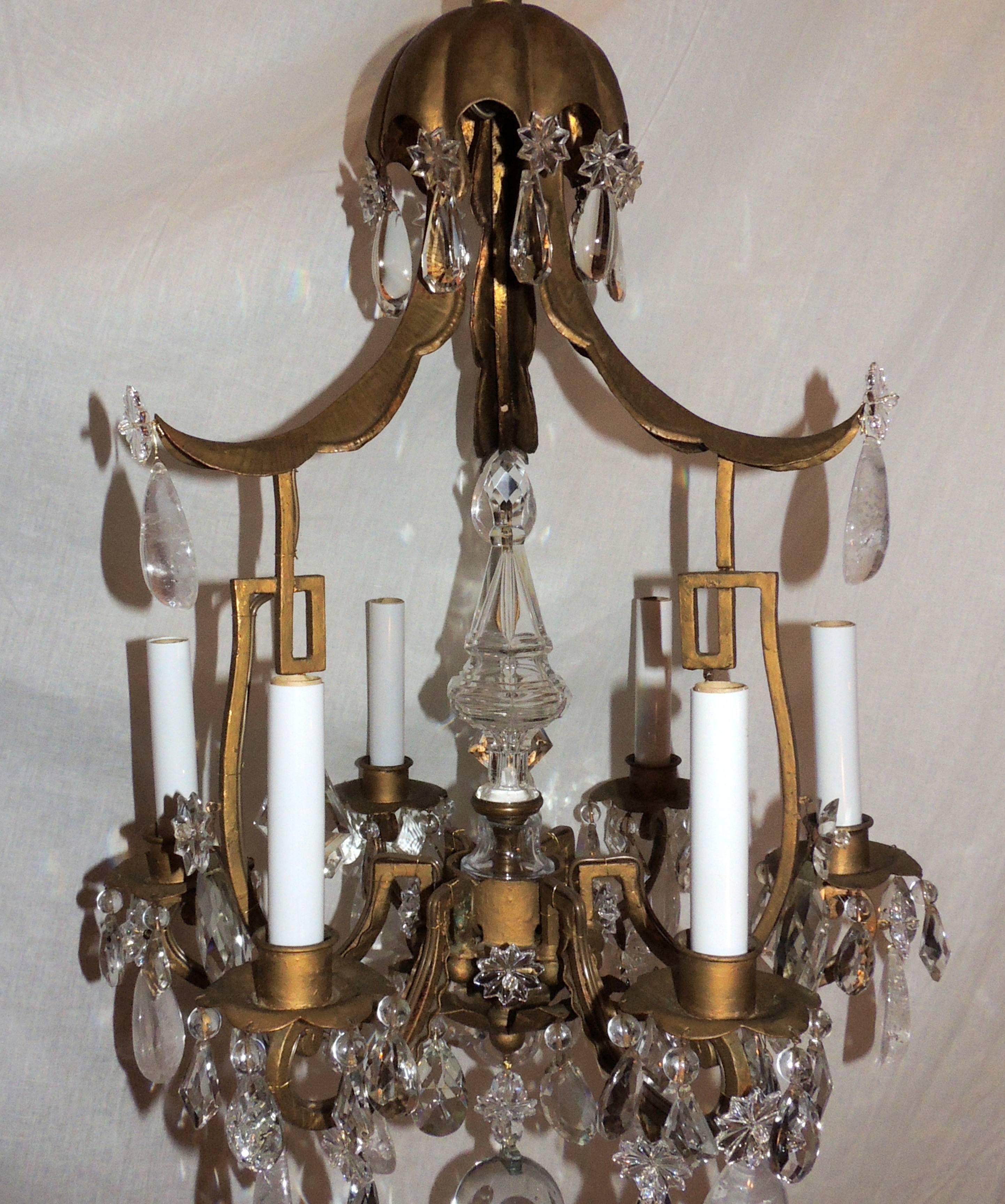 Mid-20th Century Wonderful French Pagoda Gilt Rock Crystal Bagues Chandelier Six-Light Fixture For Sale