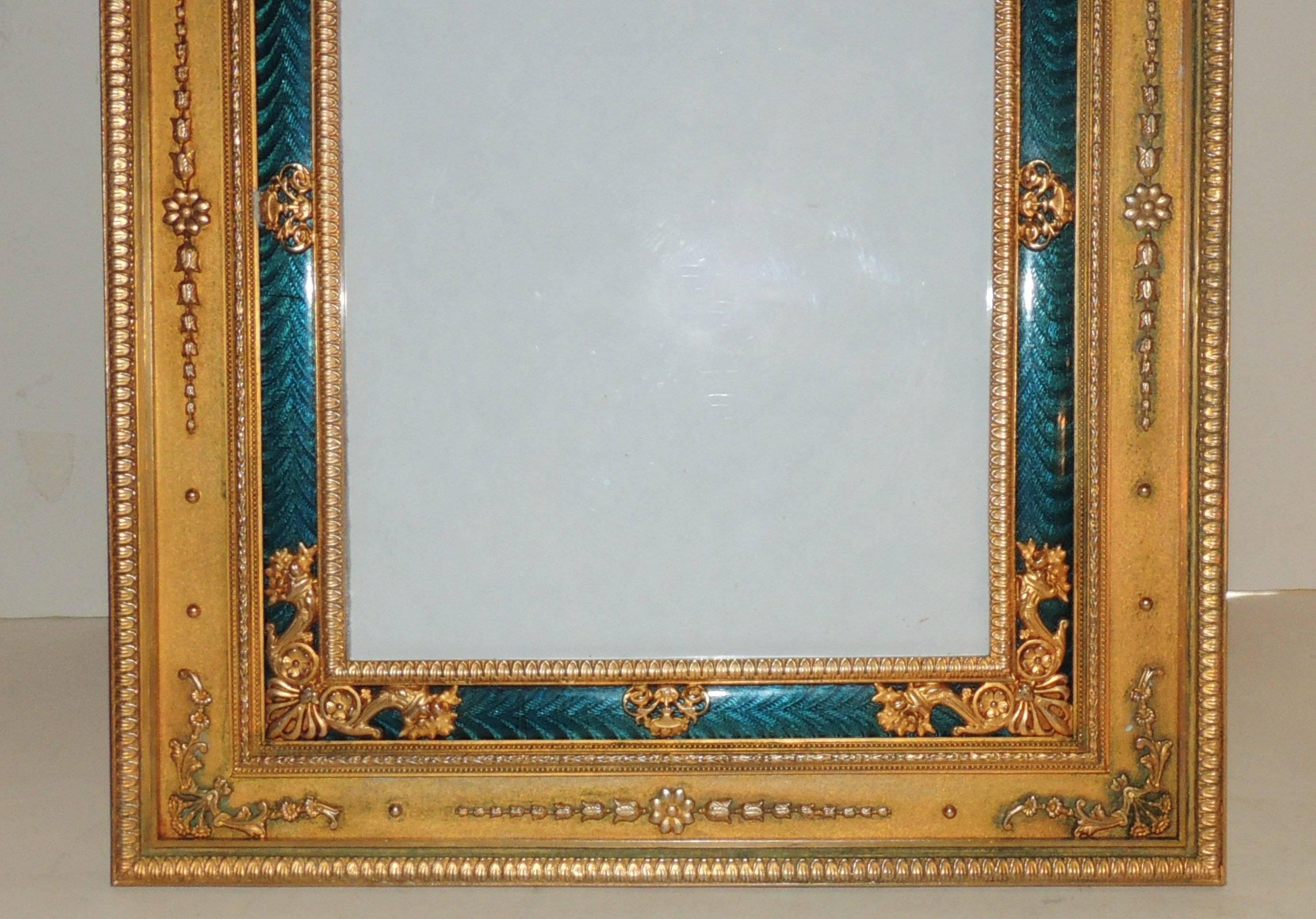 Elegant French Regency Empire Dore Bronze Very Fine Green Enamel Picture Frame In Good Condition In Roslyn, NY