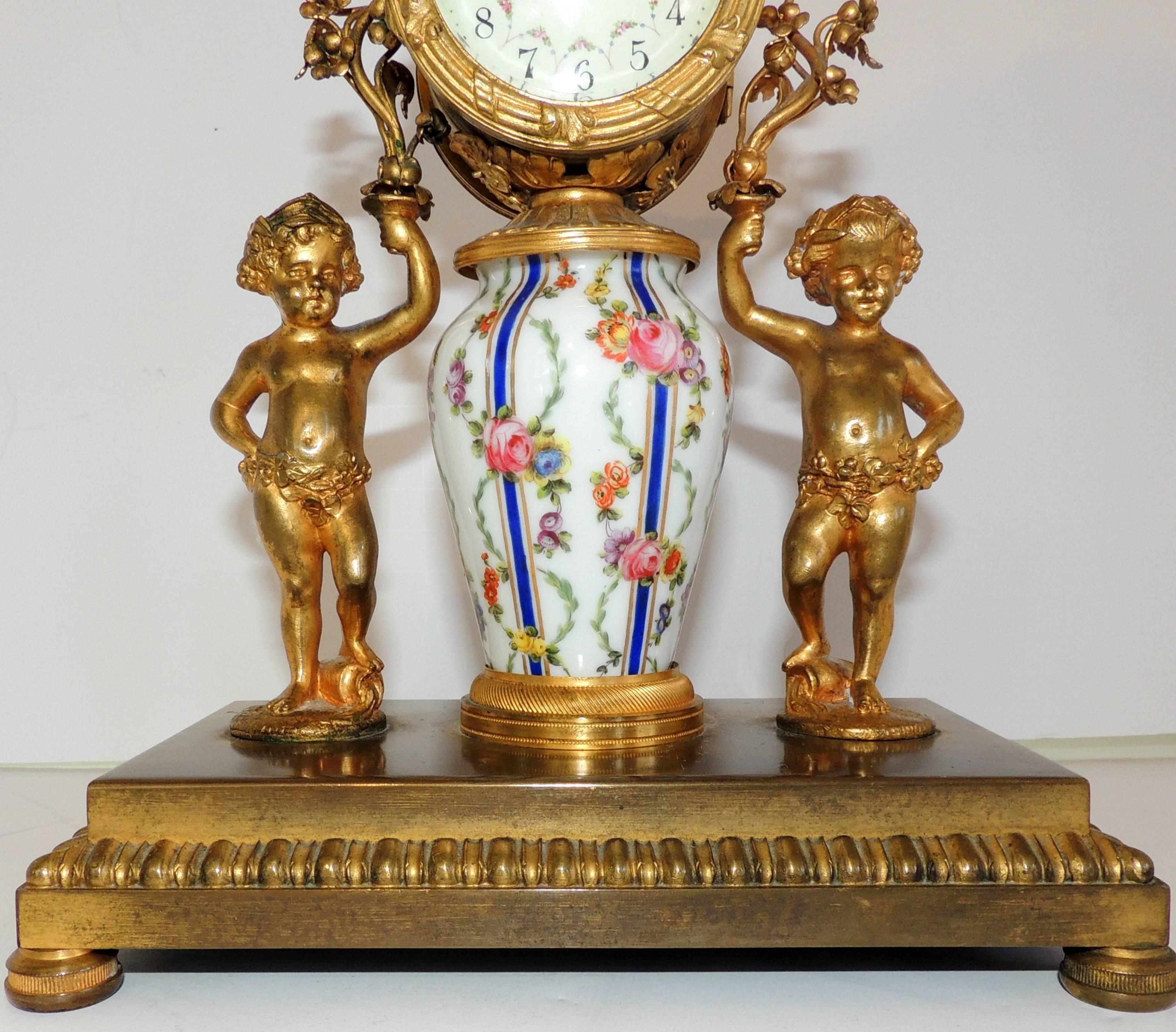 Belle Époque French Hand-Painted Porcelain Ormolu Dore Bronze-Mounted Cherub Putti Clock