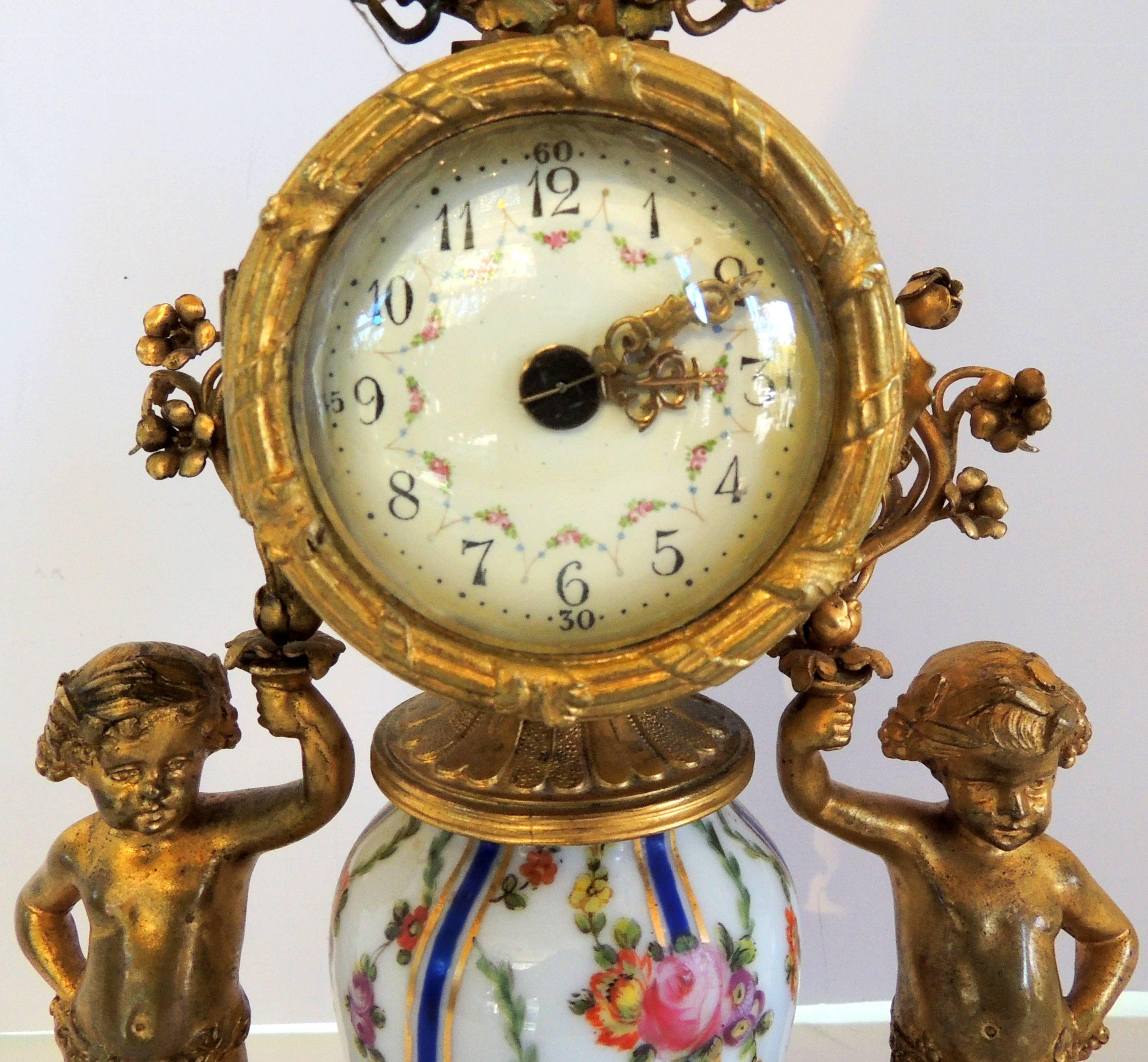 Gilt French Hand-Painted Porcelain Ormolu Dore Bronze-Mounted Cherub Putti Clock