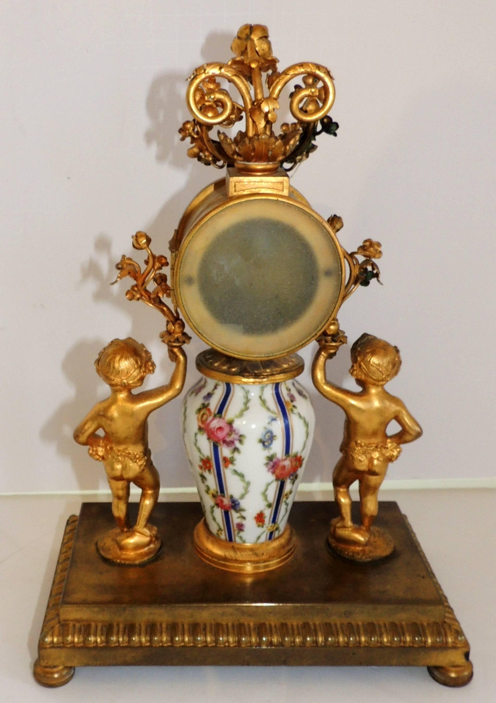 French Hand-Painted Porcelain Ormolu Dore Bronze-Mounted Cherub Putti Clock 1