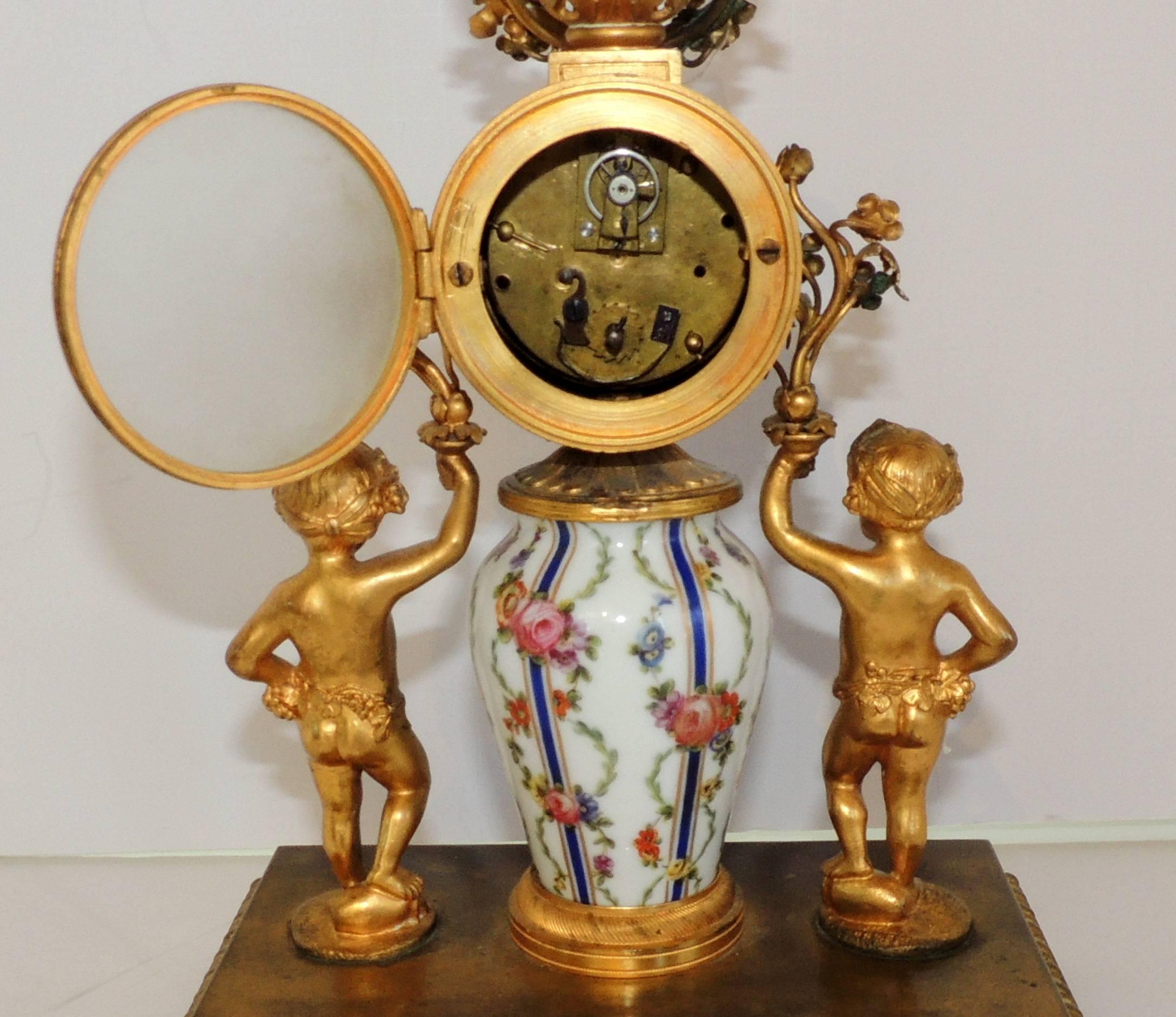 French Hand-Painted Porcelain Ormolu Dore Bronze-Mounted Cherub Putti Clock 2
