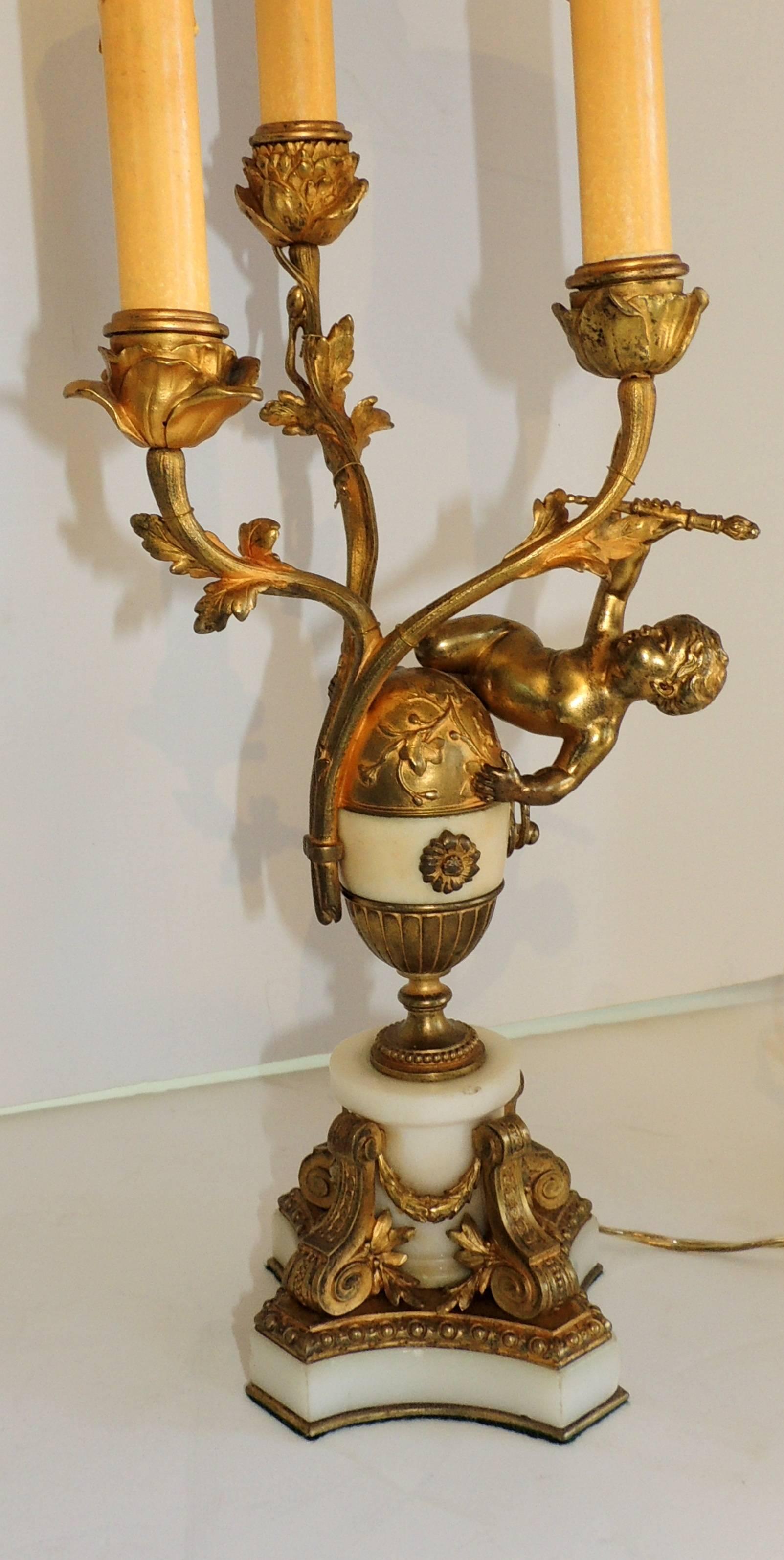 Beautiful French Dore Bronze Marble Cherub Ormolu-Mounted Candelabra Lamps, Pair In Good Condition For Sale In Roslyn, NY