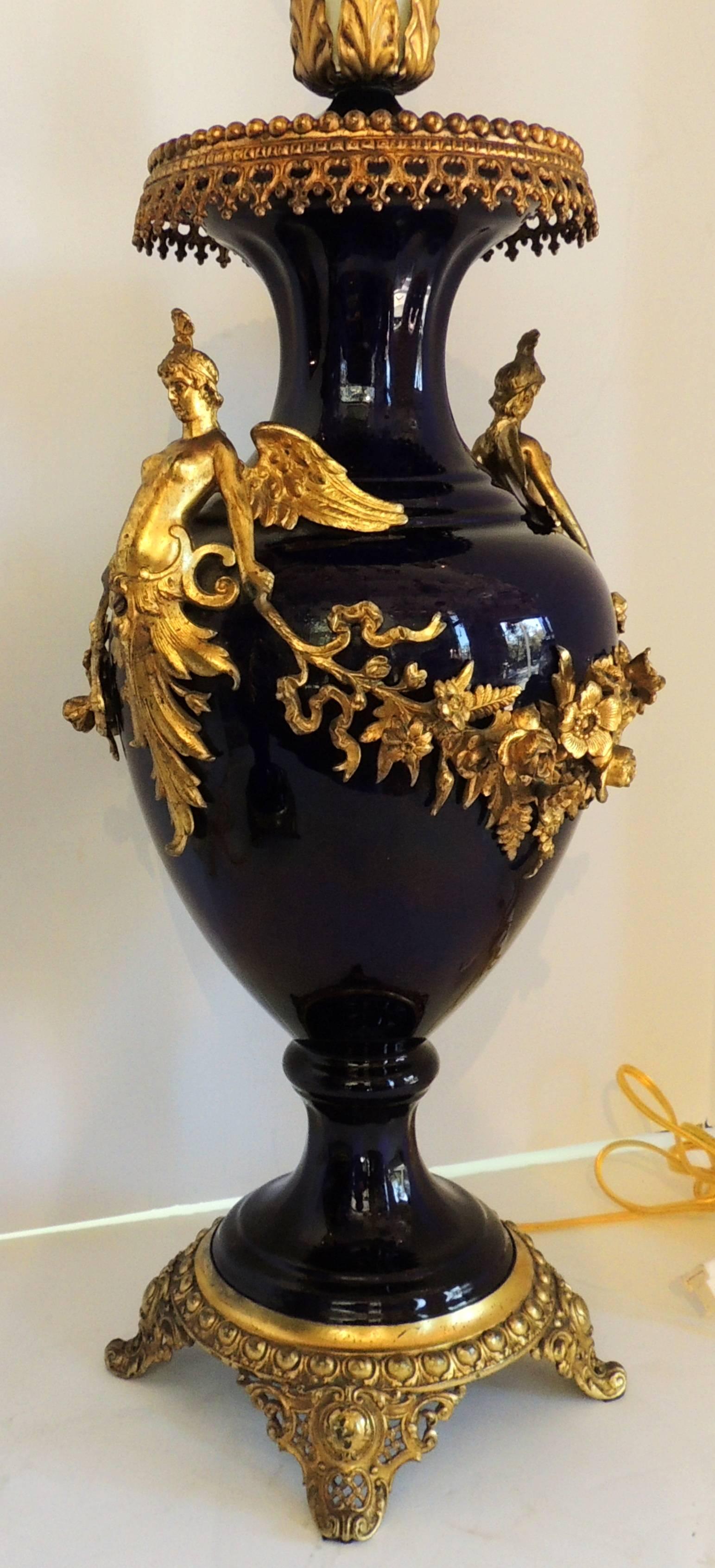 Neoclassical Wonderful Pair of French Bronze Ormolu Sevres Cobalt Blue Porcelain Urn Lamps