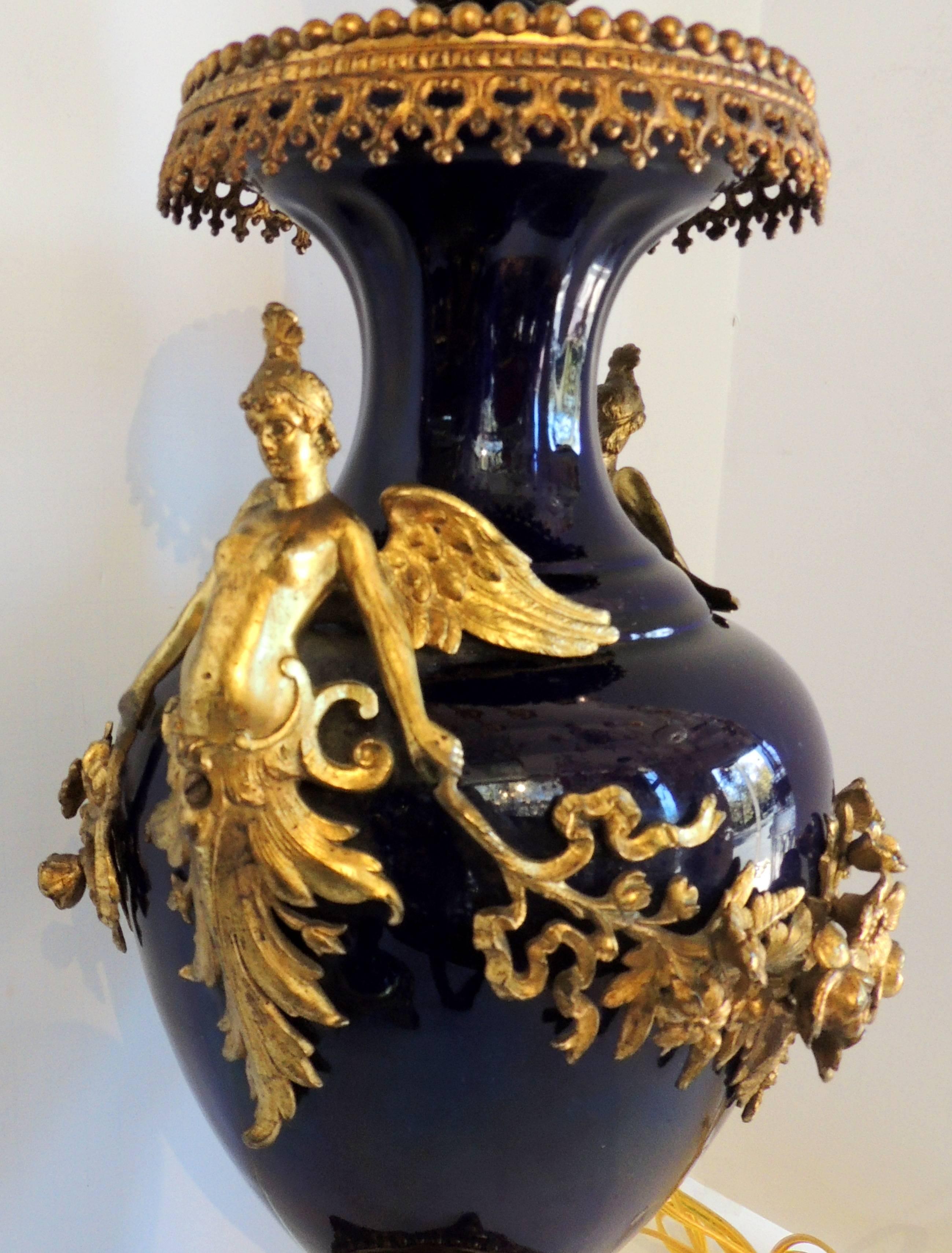 Gilt Wonderful Pair of French Bronze Ormolu Sevres Cobalt Blue Porcelain Urn Lamps
