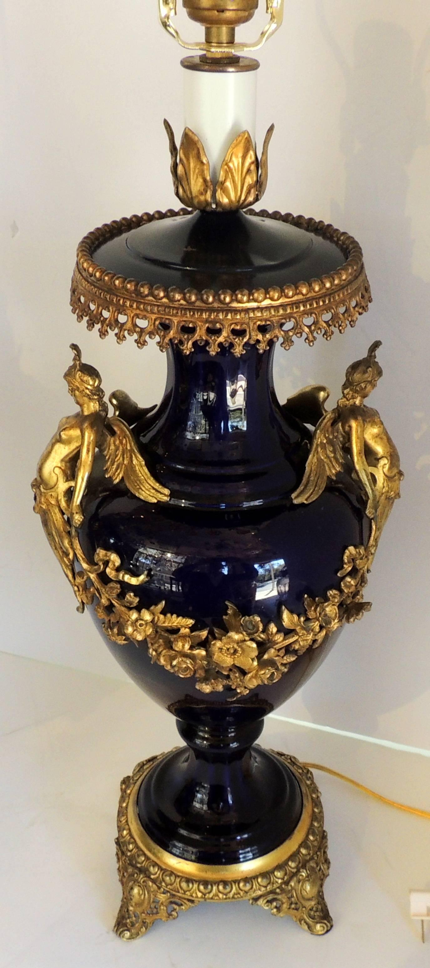 Wonderful Pair of French Bronze Ormolu Sevres Cobalt Blue Porcelain Urn Lamps In Good Condition In Roslyn, NY
