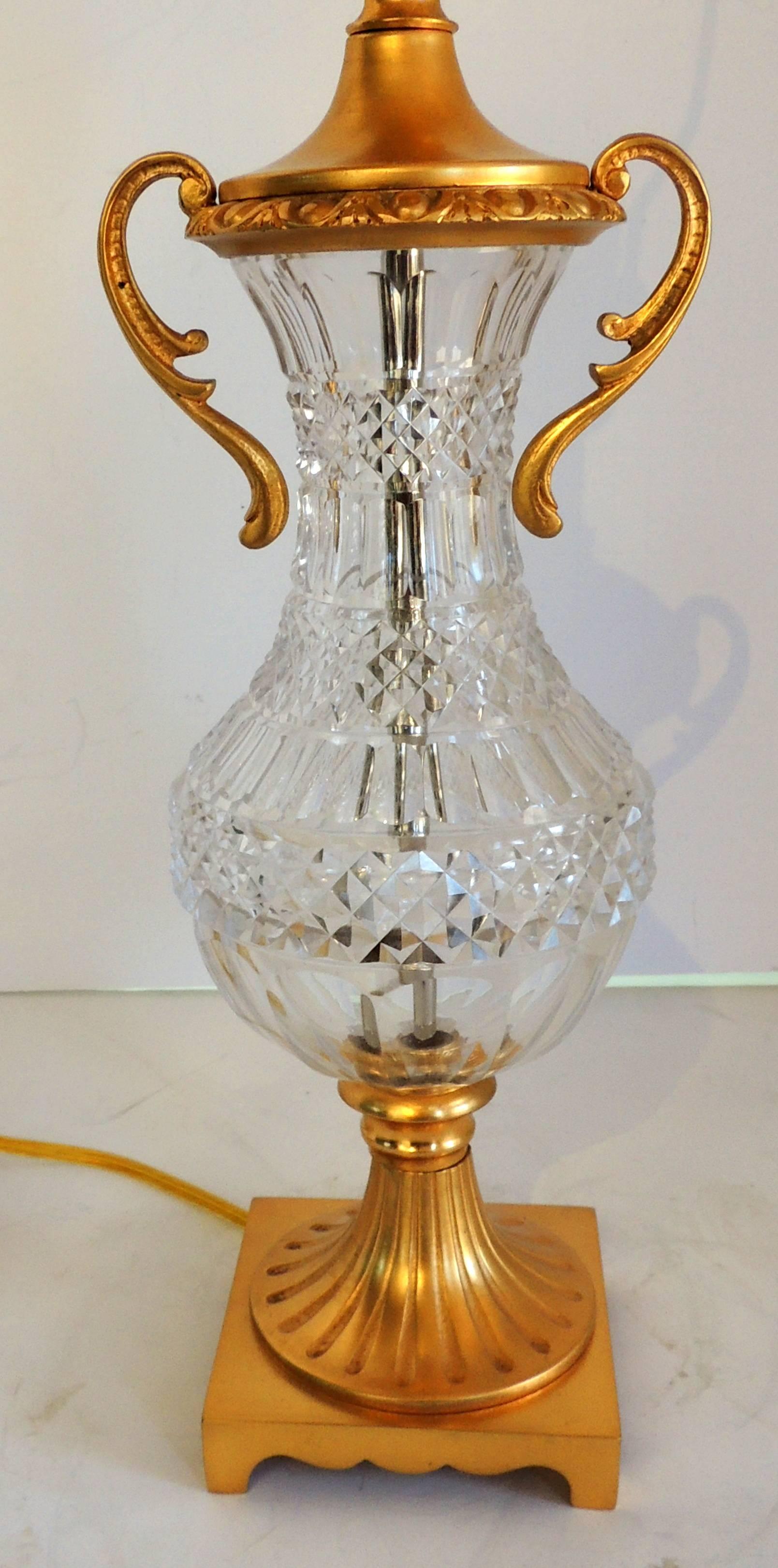 Neoclassical Pair of French Gilt Dore Bronze Cut Crystal Urn Form Ormolu-Mounted Lamps For Sale