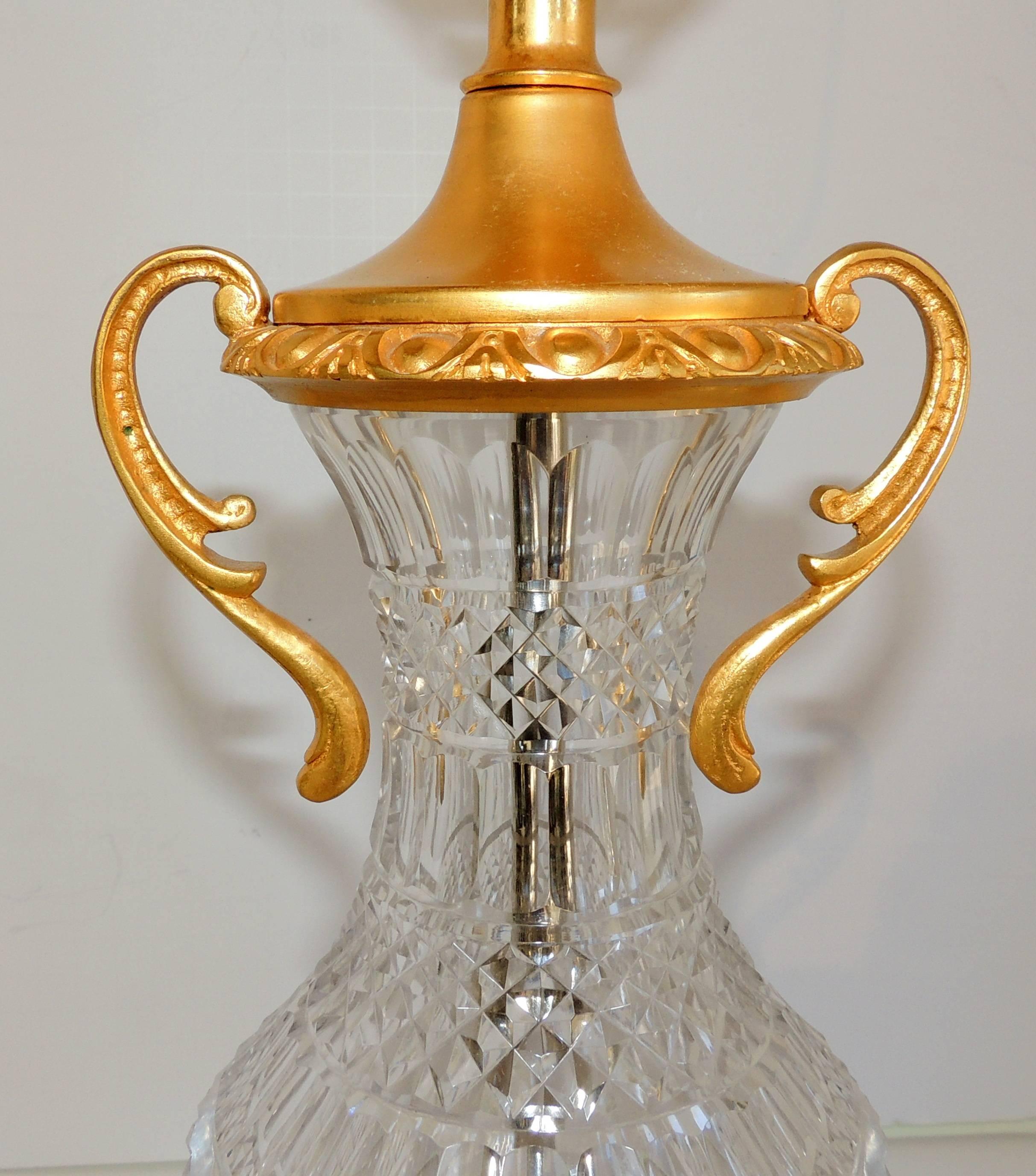 Faceted Pair of French Gilt Dore Bronze Cut Crystal Urn Form Ormolu-Mounted Lamps For Sale