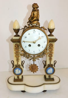 French Ormolu Bronze Cherub Marble Plaque Clock Candelabra Three-Piece Set