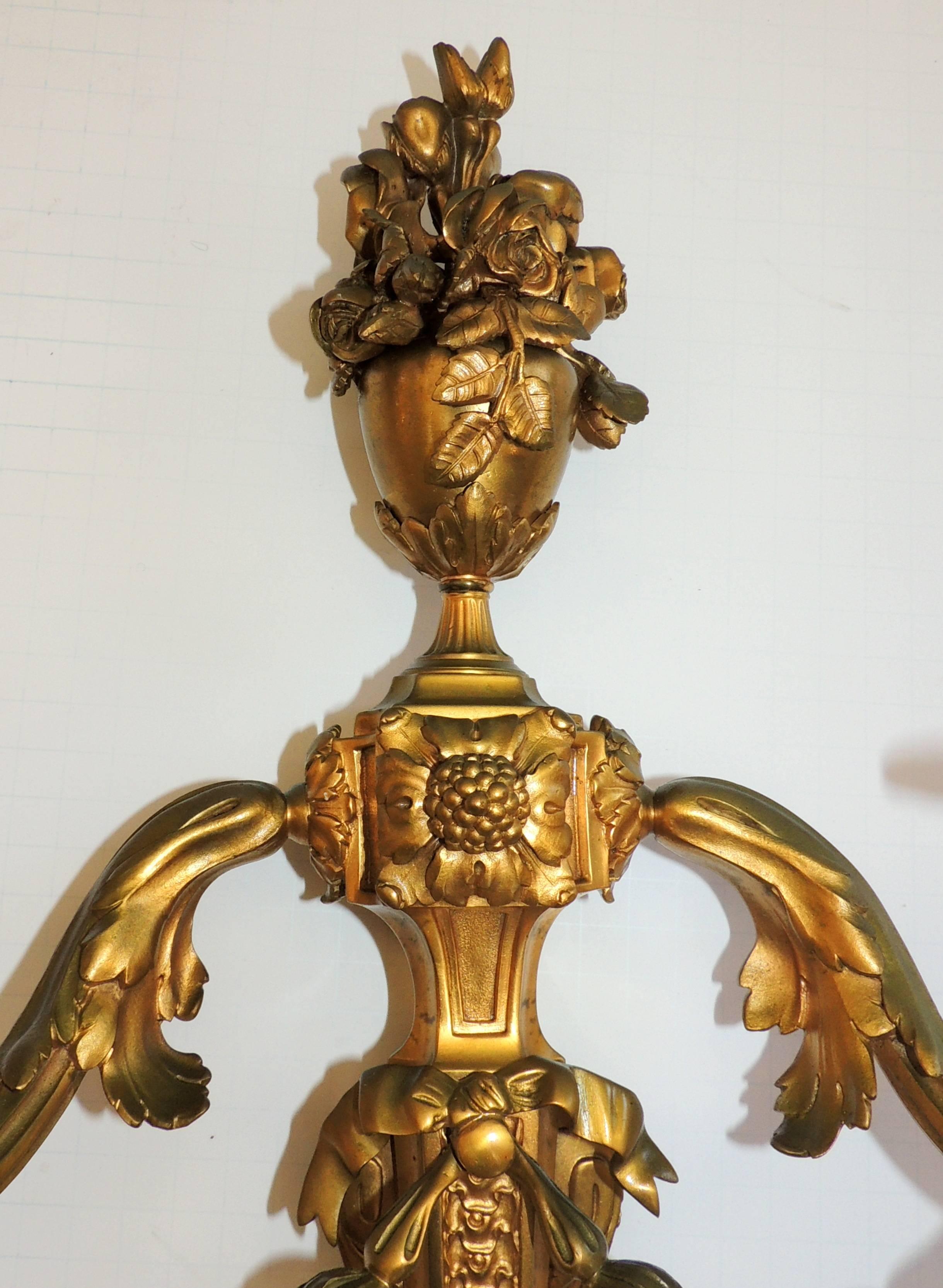 Neoclassical Wonderful French Pair Two-Arm Gilt Dore Bronze Urn Floral Garland Swag Sconces