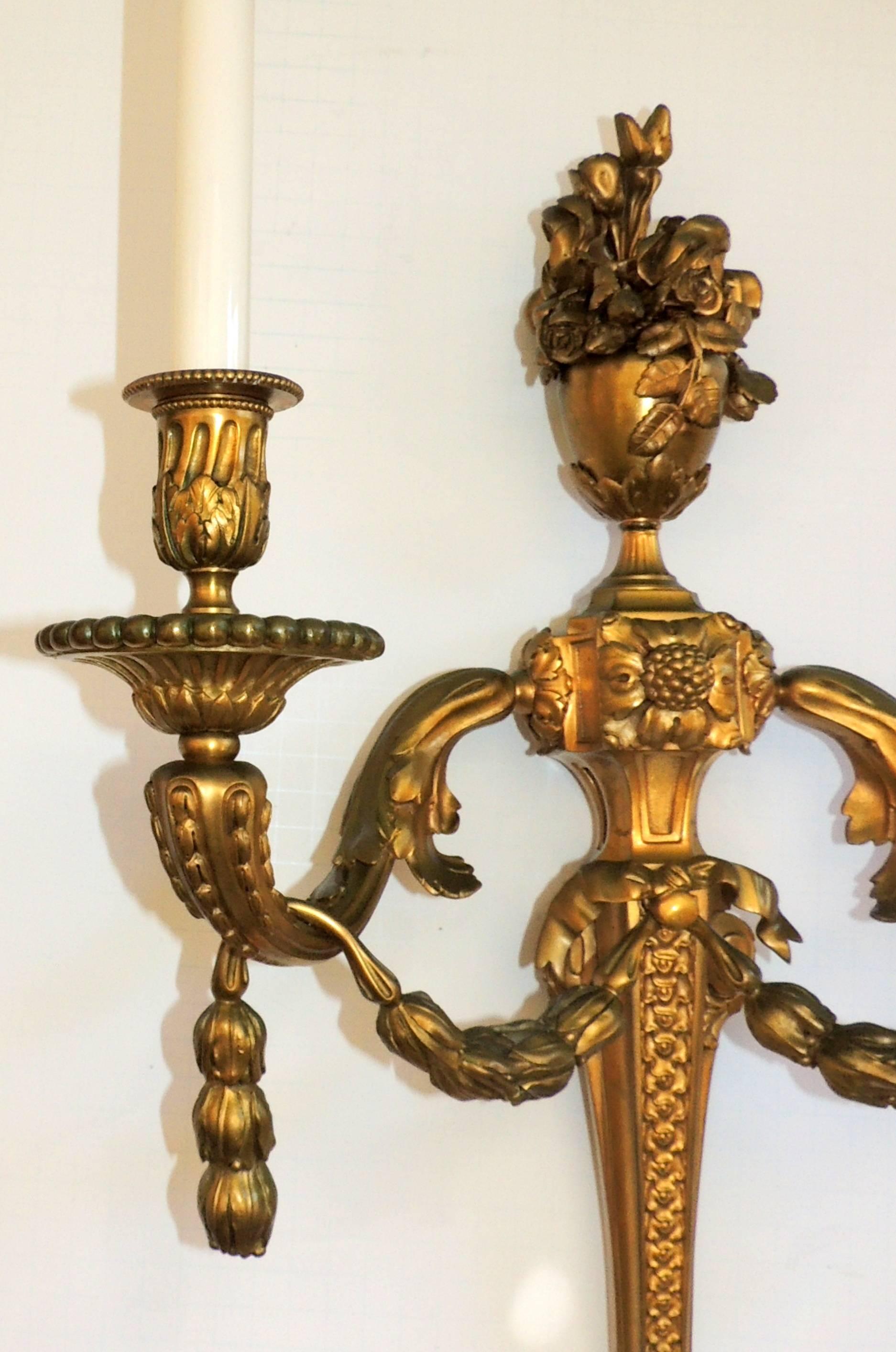 Early 20th Century Wonderful French Pair Two-Arm Gilt Dore Bronze Urn Floral Garland Swag Sconces