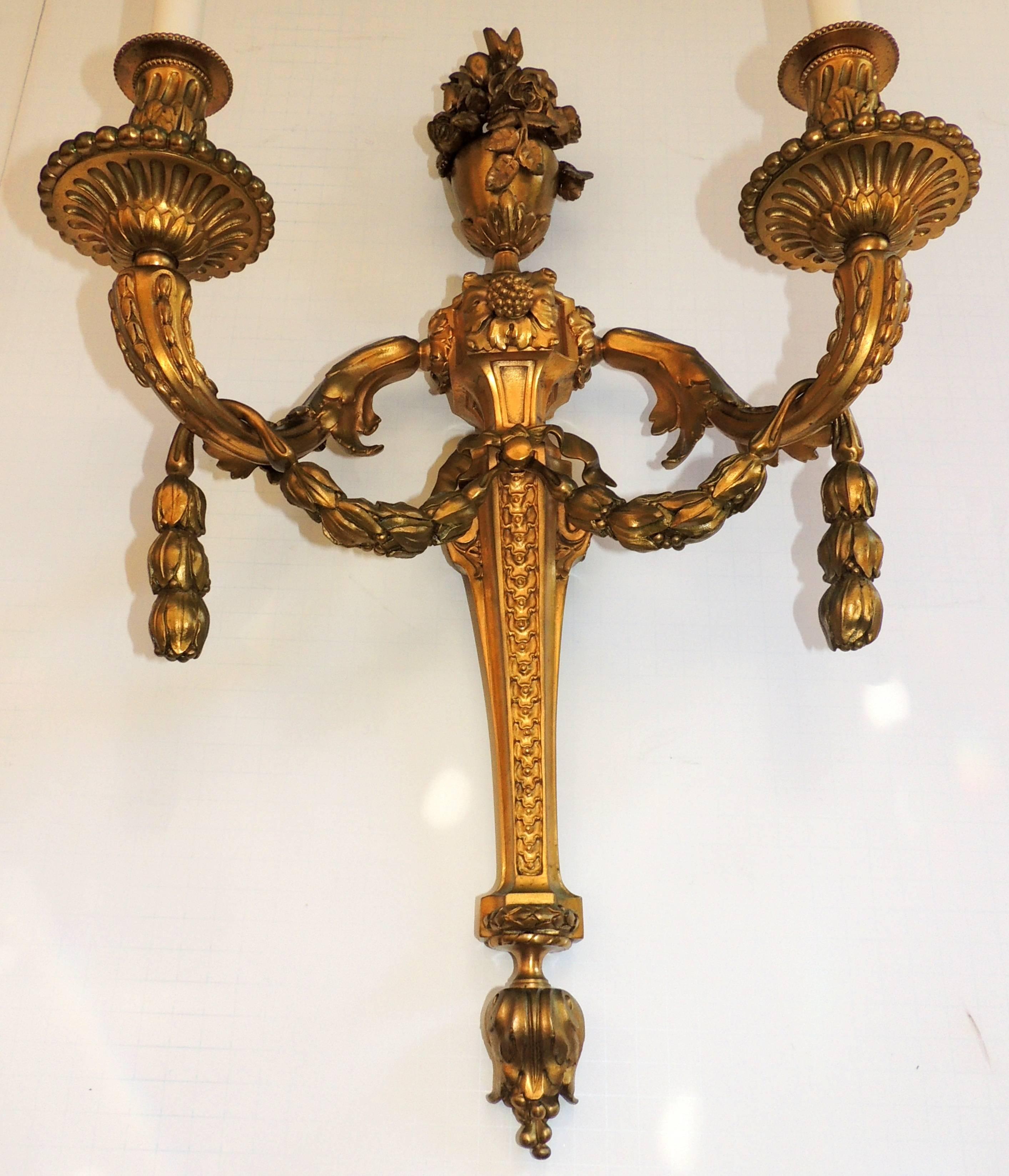 Wonderful French Pair Two-Arm Gilt Dore Bronze Urn Floral Garland Swag Sconces 1