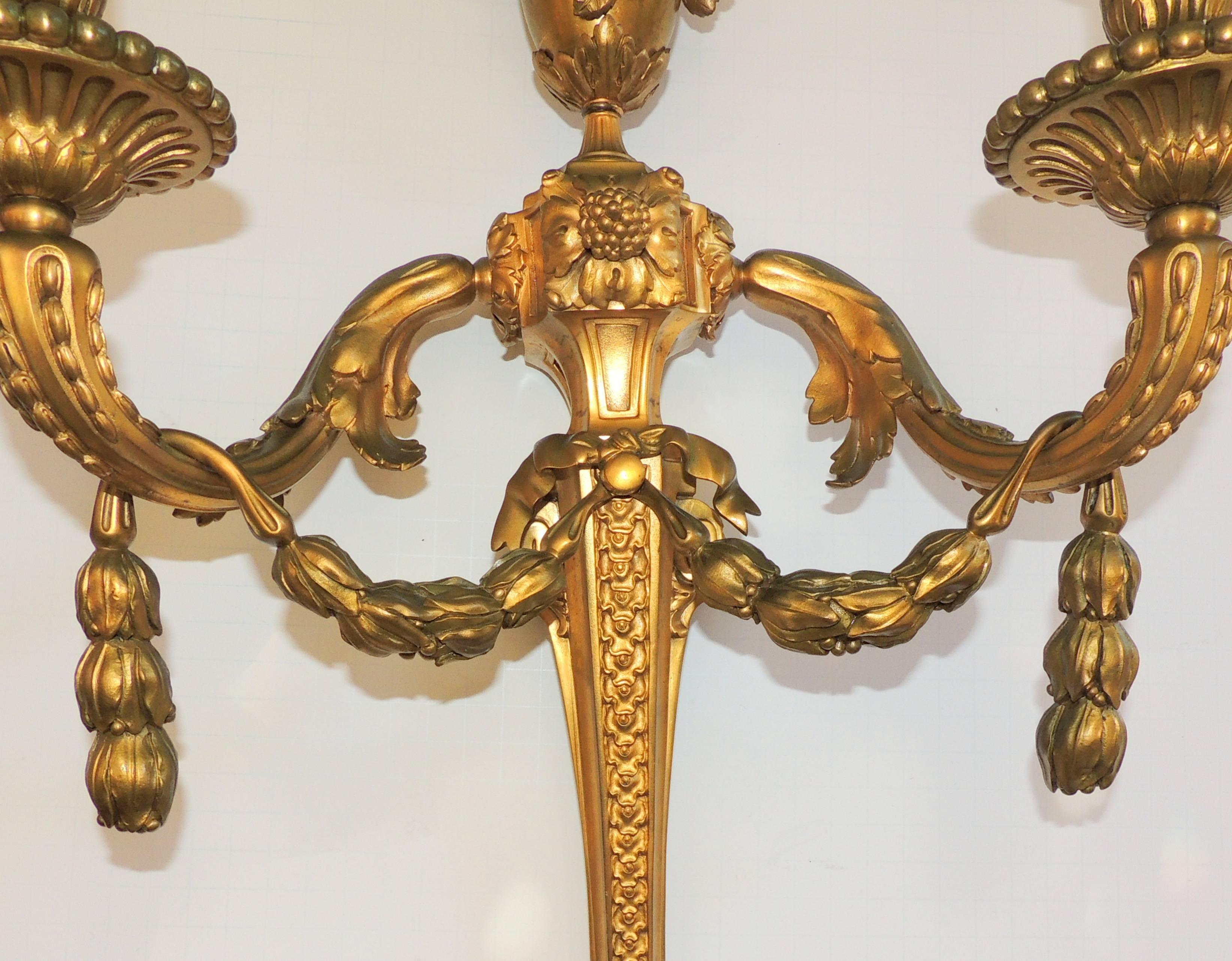 Wonderful French Pair Two-Arm Gilt Dore Bronze Urn Floral Garland Swag Sconces In Good Condition In Roslyn, NY