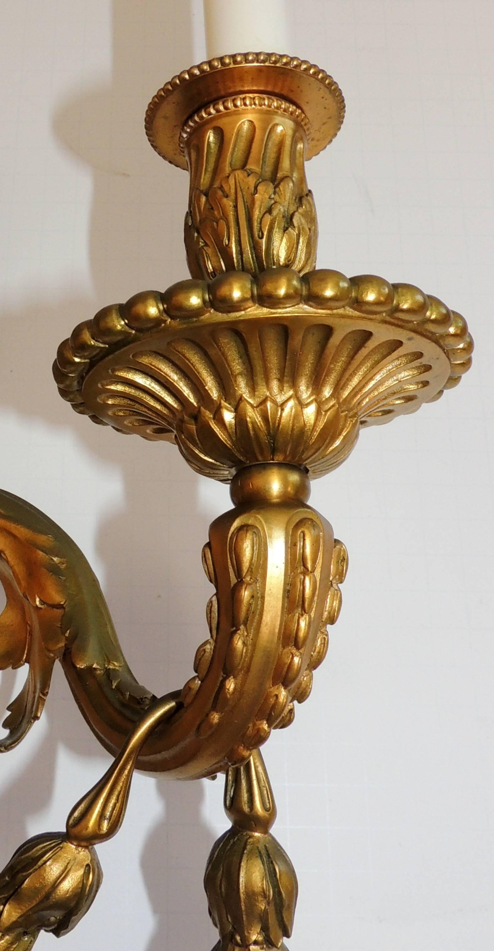 Wonderful French Pair Two-Arm Gilt Dore Bronze Urn Floral Garland Swag Sconces 2