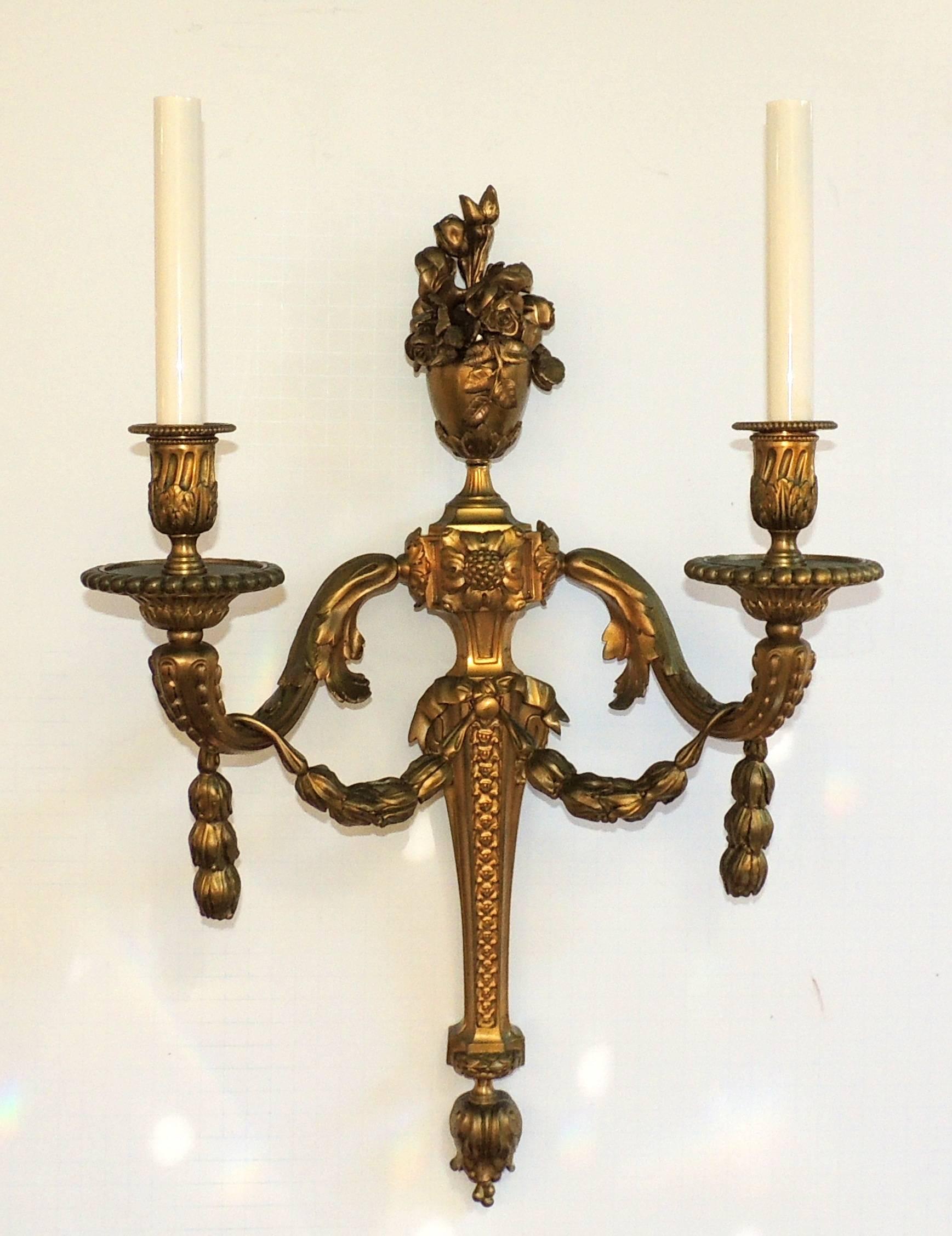 Wonderful French Pair Two-Arm Gilt Dore Bronze Urn Floral Garland Swag Sconces 3