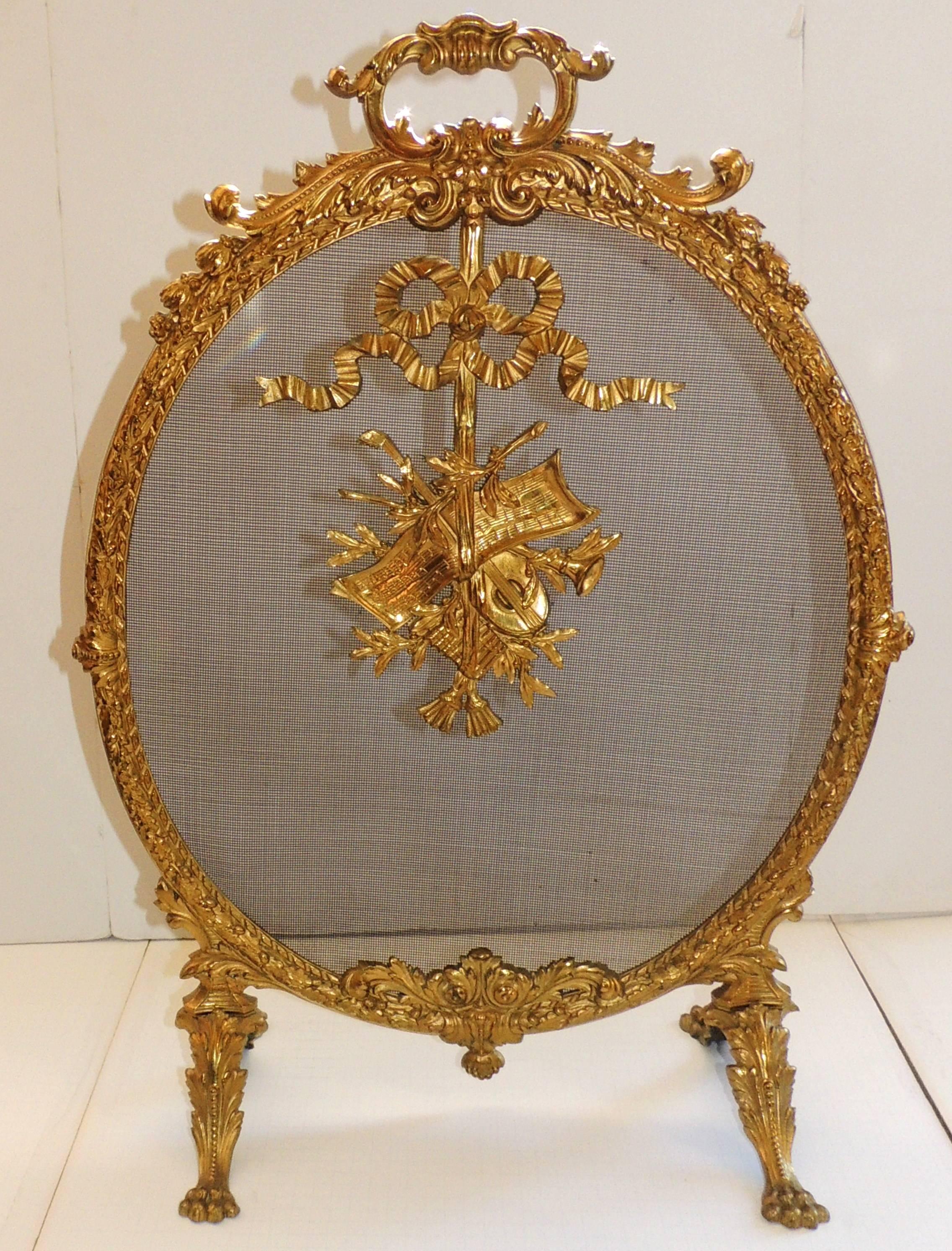 French Doré Bronze Oval Ormolu-Mounted Basket Bows Instruments Fireplace Screen 1