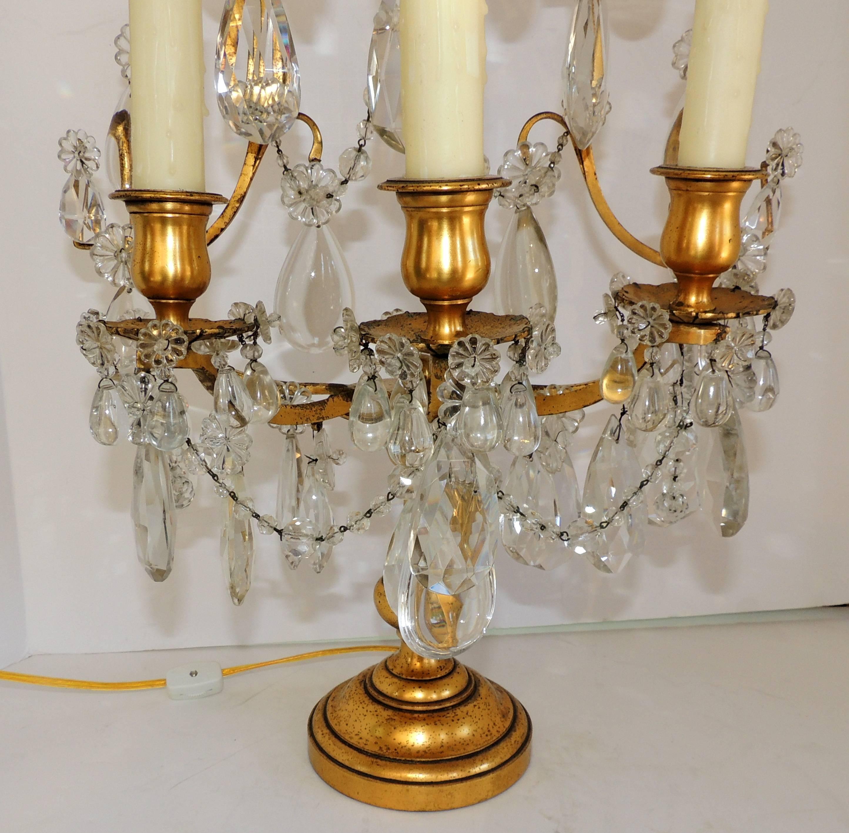 Regency Pair of French Doré Bronze Crystal Girandoles Candelabras Three-Light Lamps For Sale