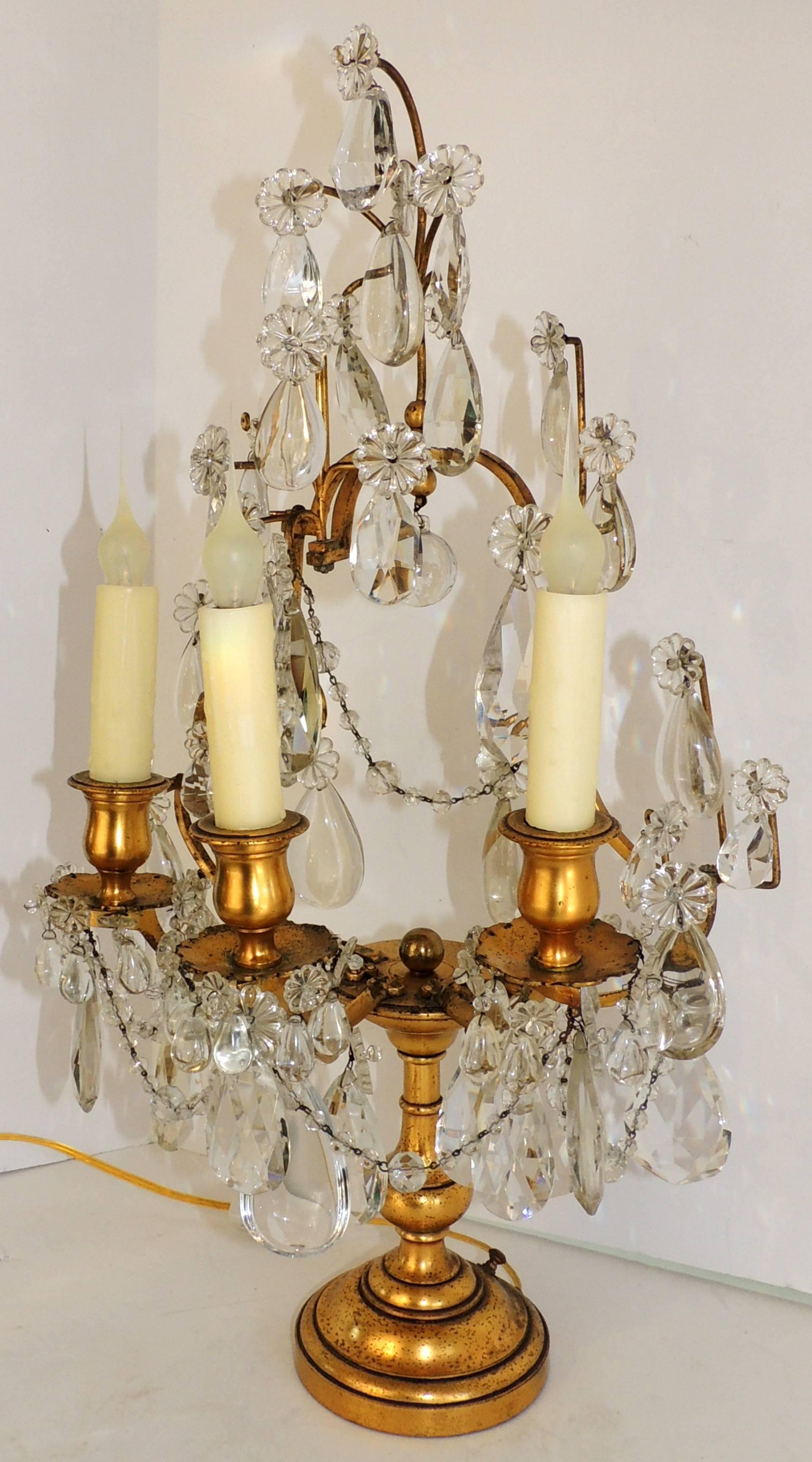 Gilt Pair of French Doré Bronze Crystal Girandoles Candelabras Three-Light Lamps For Sale
