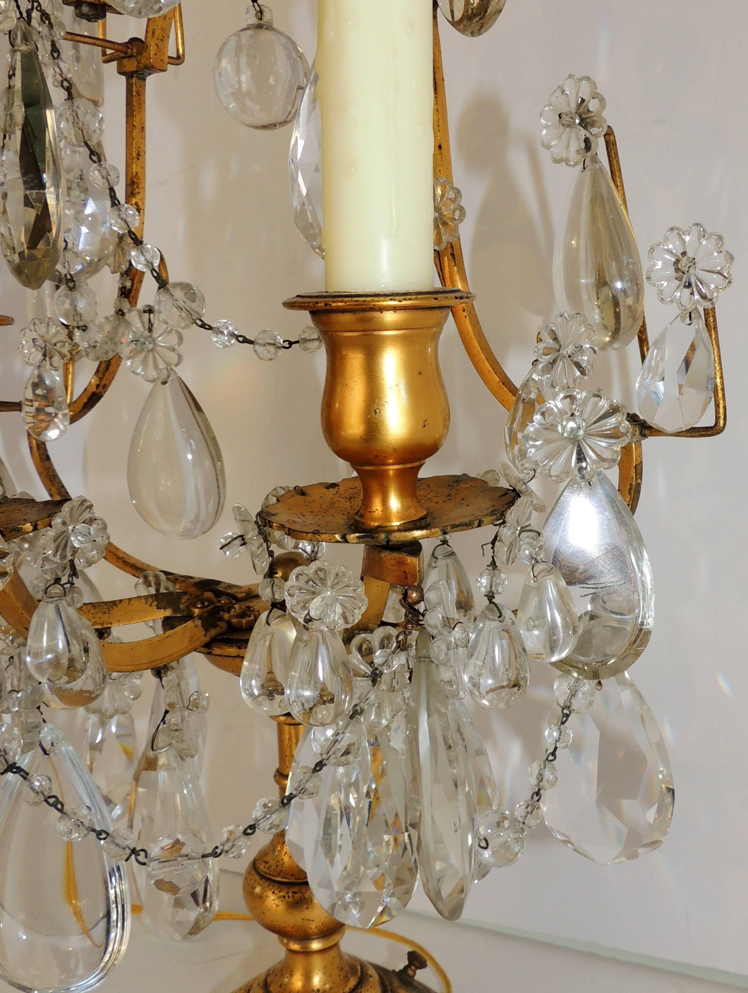 Pair of French Doré Bronze Crystal Girandoles Candelabras Three-Light Lamps In Good Condition For Sale In Roslyn, NY