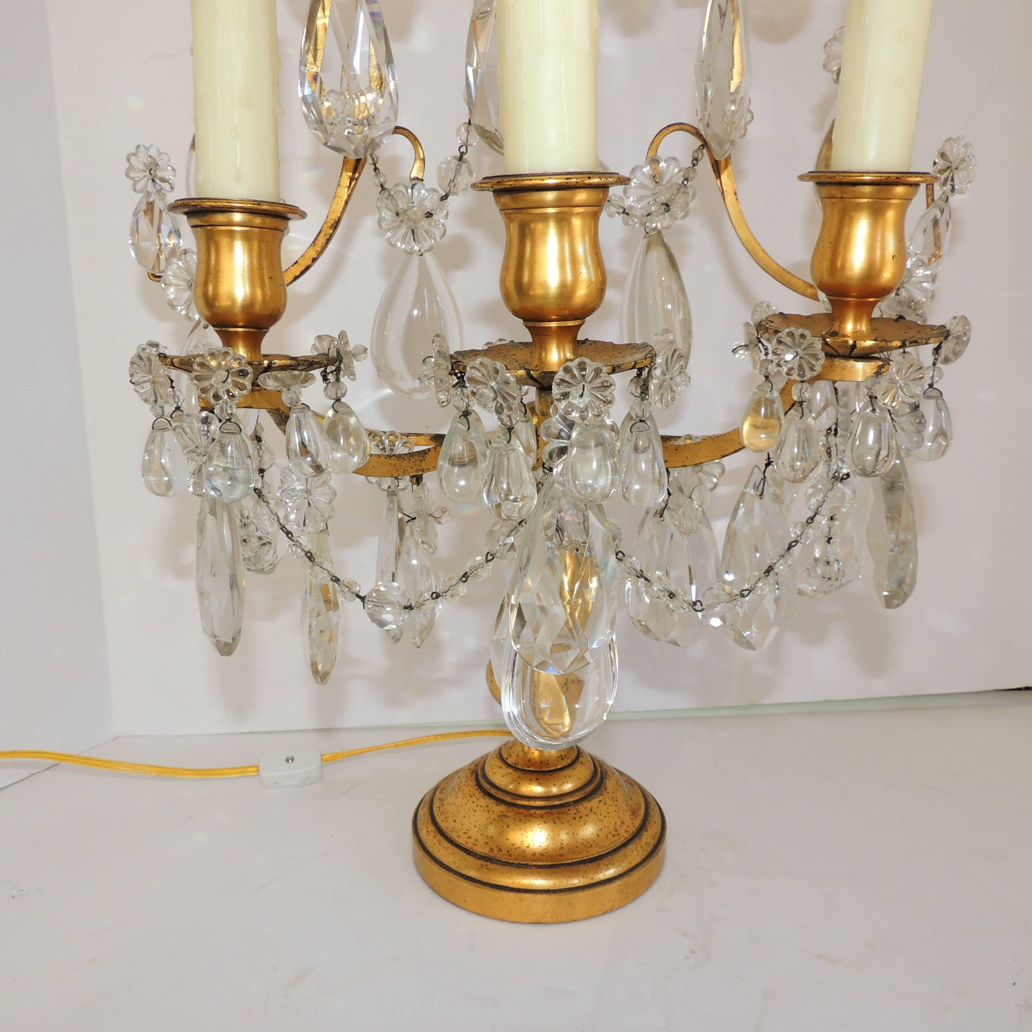 Mid-20th Century Pair of French Doré Bronze Crystal Girandoles Candelabras Three-Light Lamps For Sale