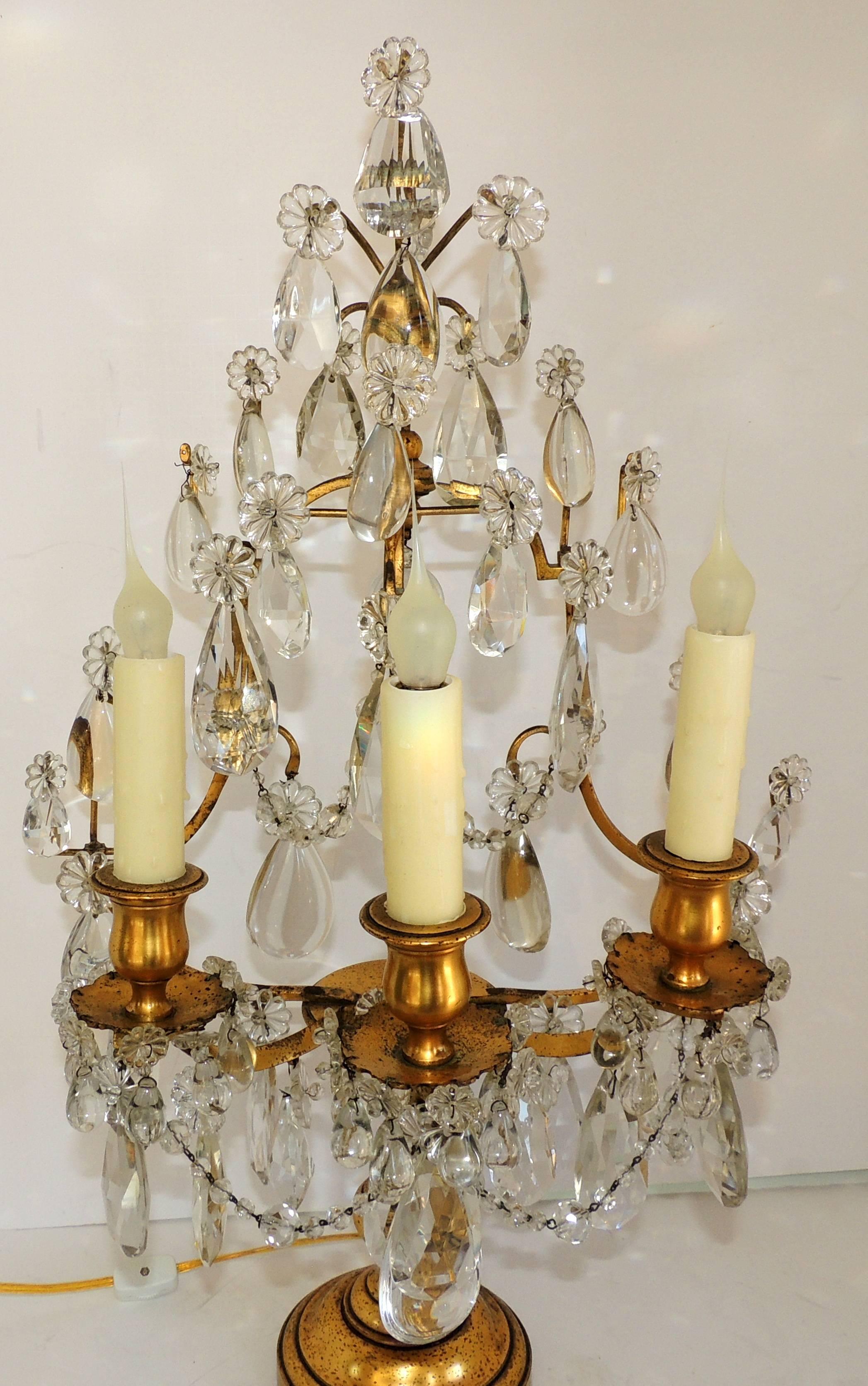 Pair of French Doré Bronze Crystal Girandoles Candelabras Three-Light Lamps For Sale 2
