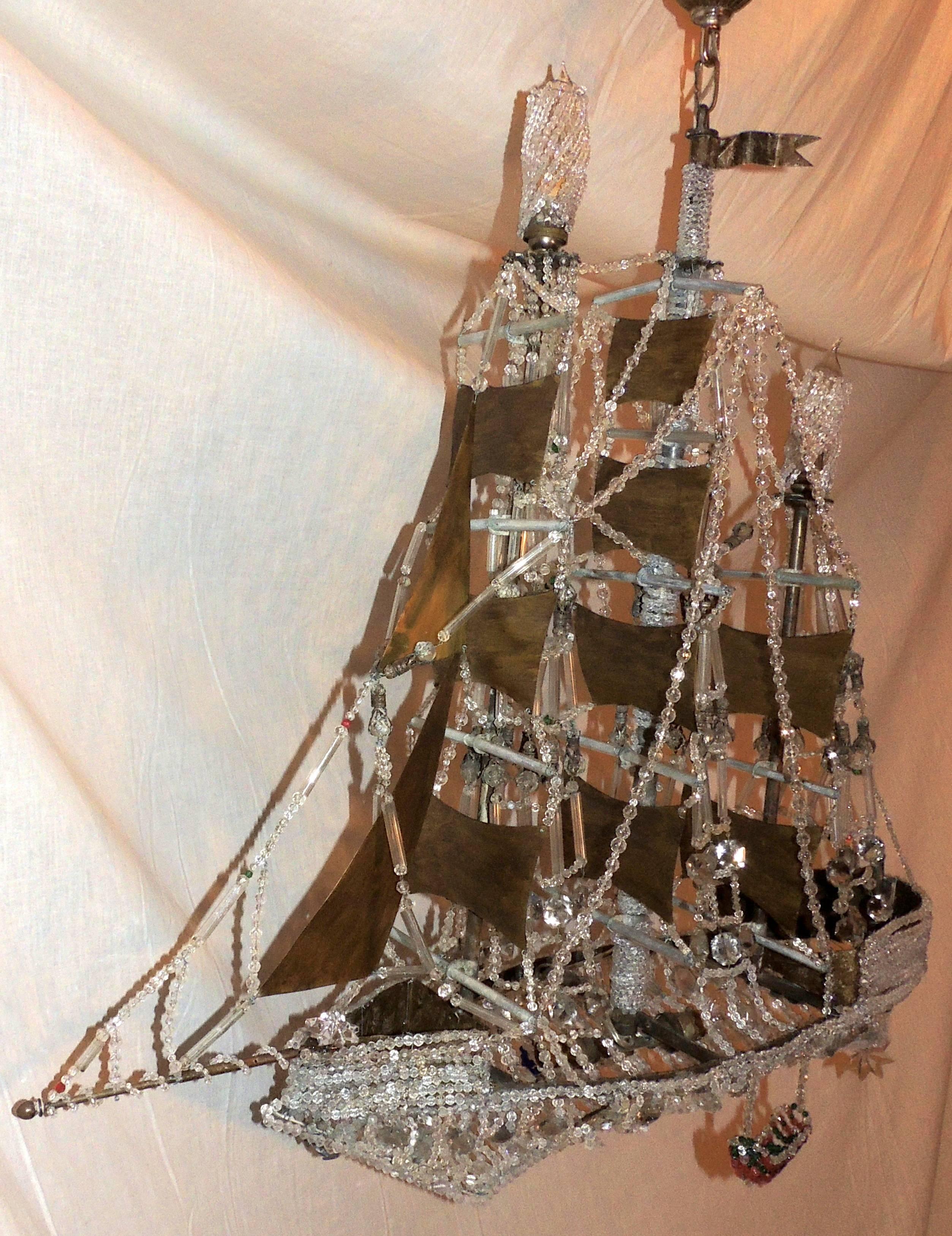 Mid-20th Century Wonderful Vintage Beaded Crystal Italian Boat Ship Chandelier Light Fixture