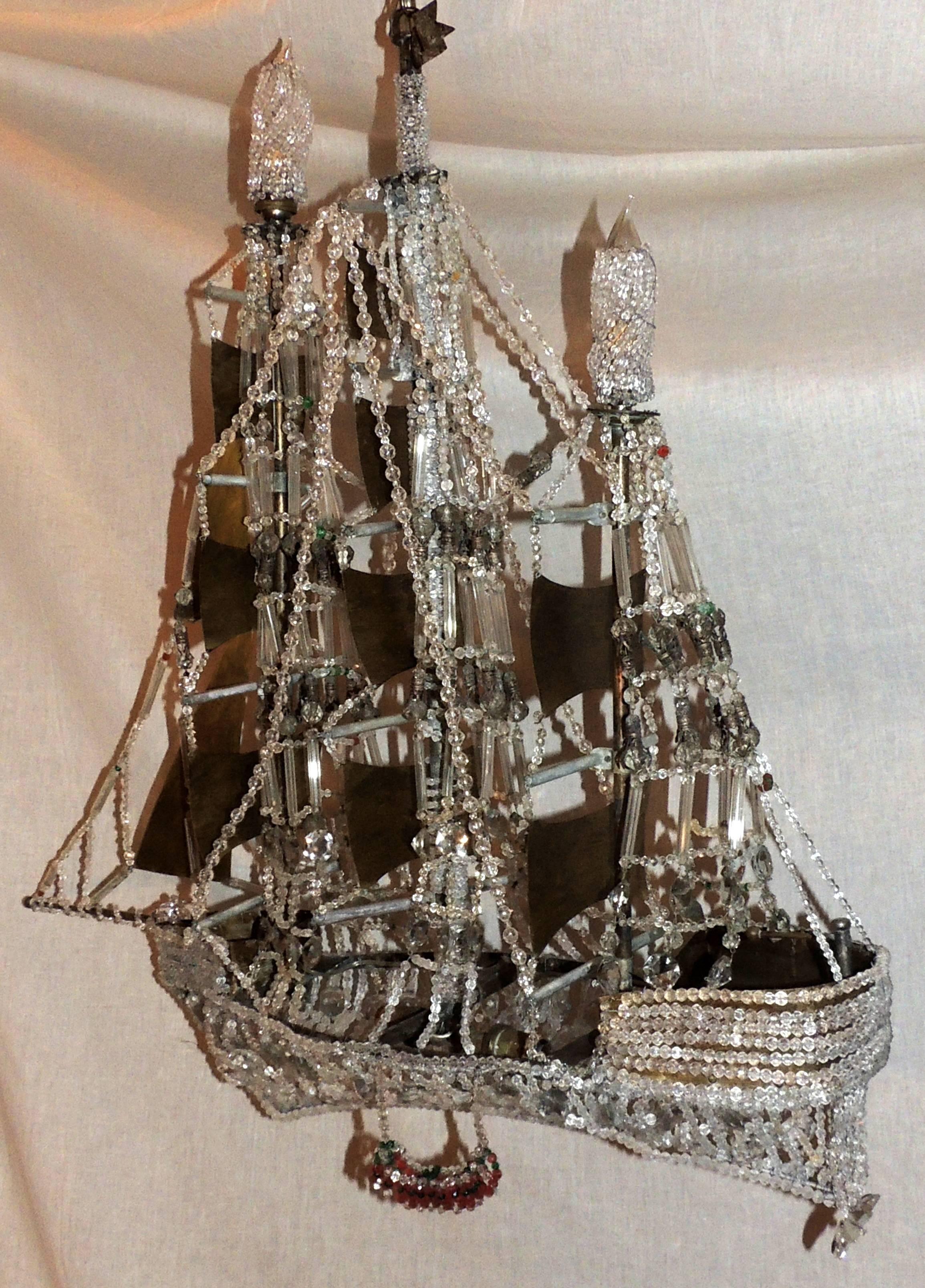 Wonderful Vintage Beaded Crystal Italian Boat Ship Chandelier Light Fixture 1