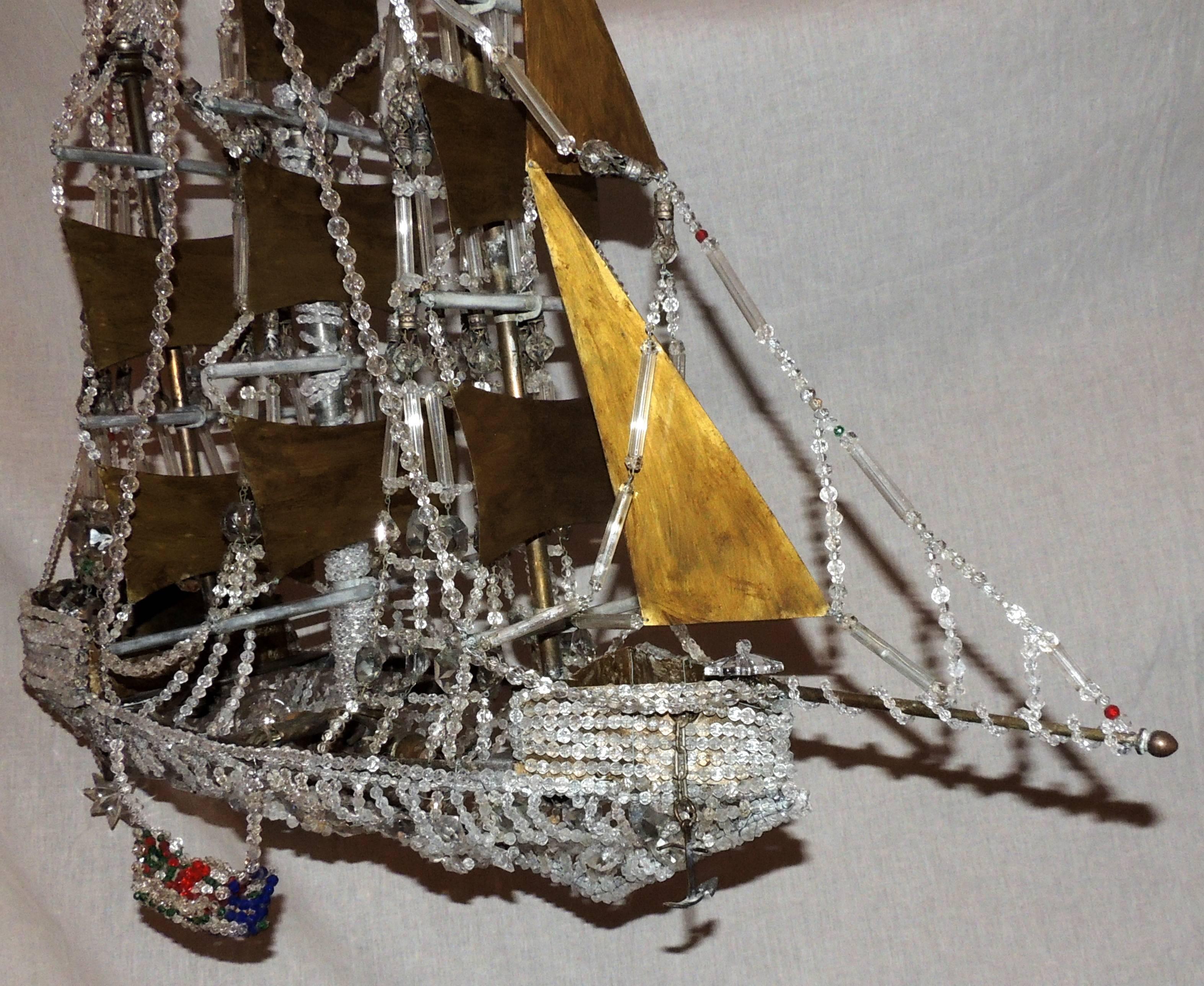 Wonderful Vintage Beaded Crystal Italian Boat Ship Chandelier Light Fixture In Good Condition In Roslyn, NY