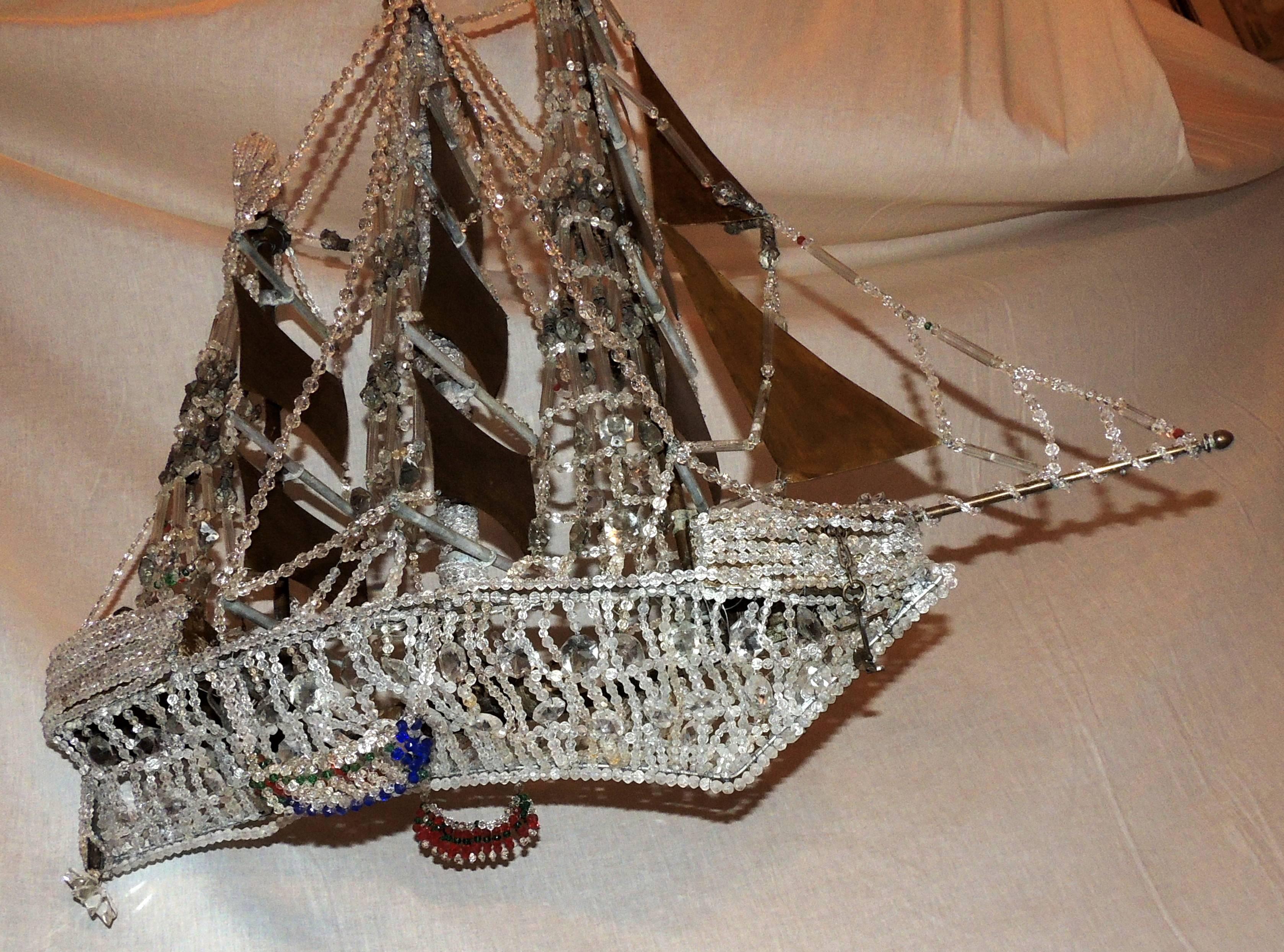 A wonderful vintage beaded multi-color crystal italian boat or ship chandelier light fixture.