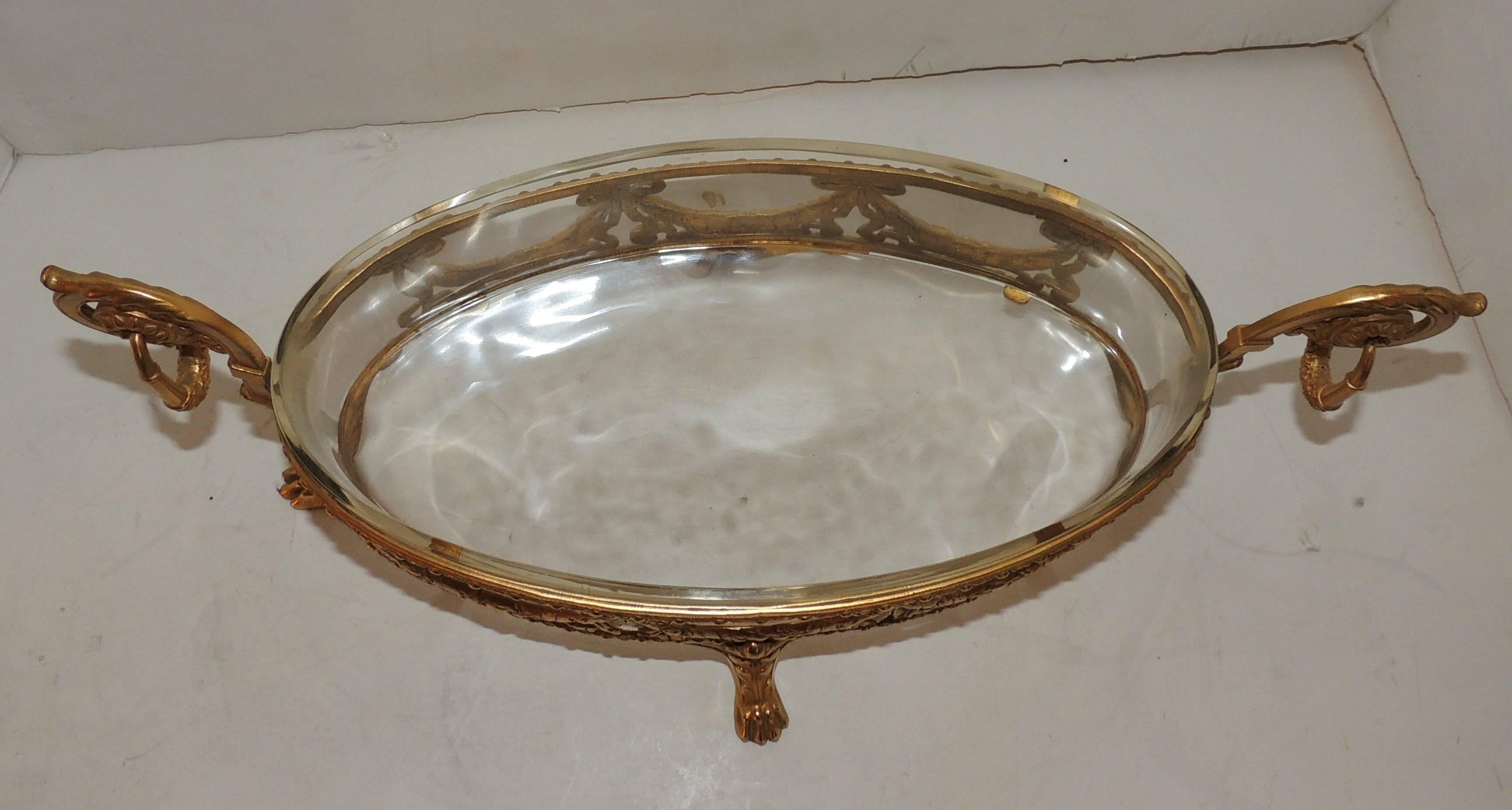 Dore Bronze Crystal Oval Bowl Centerpiece Ormolu Bows Filigree Swag Paw Feet In Good Condition For Sale In Roslyn, NY