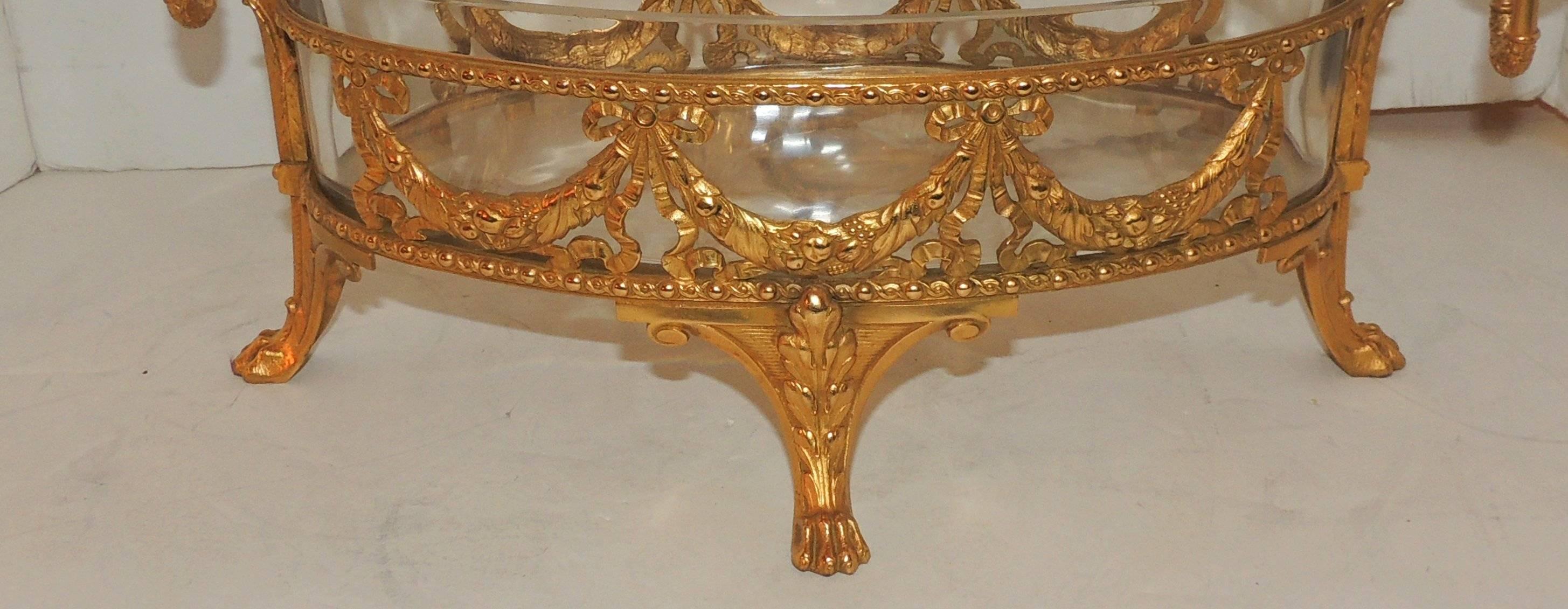 Mid-20th Century Dore Bronze Crystal Oval Bowl Centerpiece Ormolu Bows Filigree Swag Paw Feet For Sale