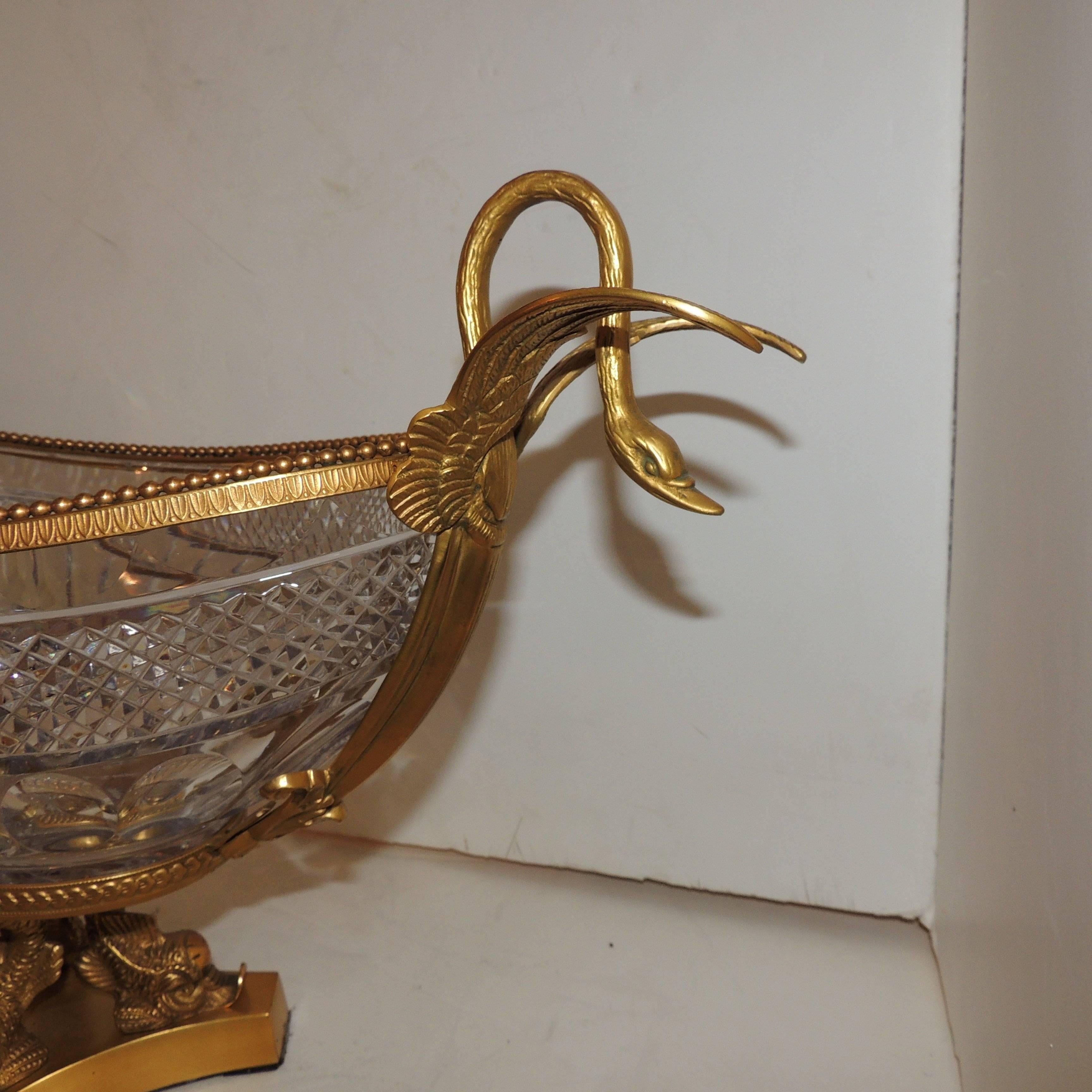 Gilt Wonderful French Doré Bronze Crystal Ormolu Swan Centerpiece Dolphin Pedestal