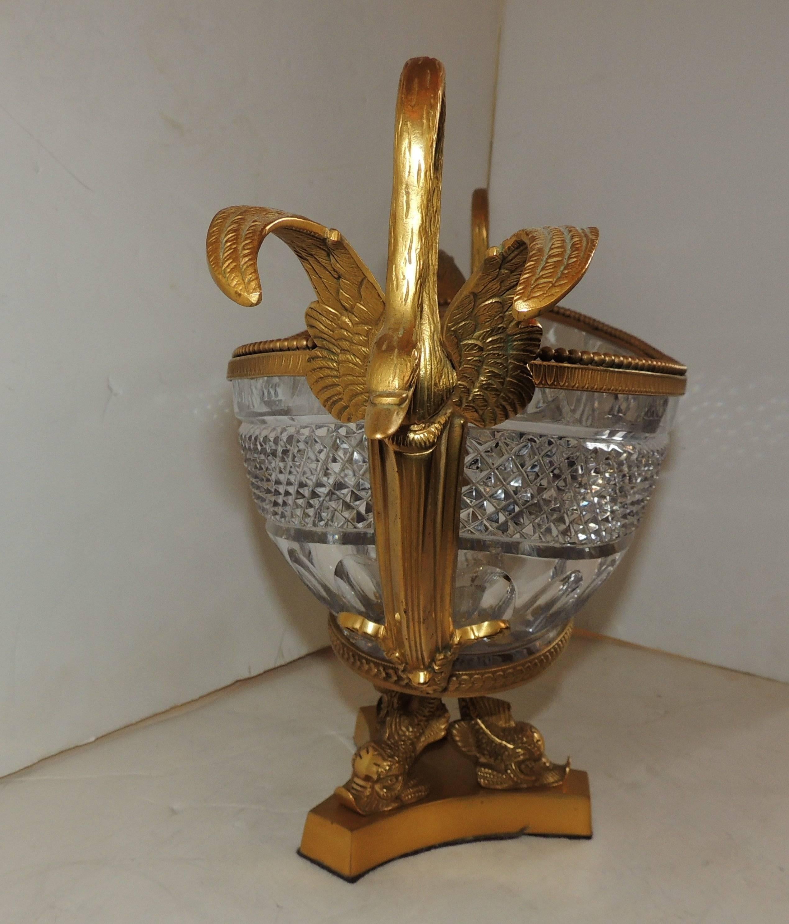 Mid-20th Century Wonderful French Doré Bronze Crystal Ormolu Swan Centerpiece Dolphin Pedestal