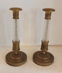 Fine Pair of French Empire Dore Bronze & Cut Crystal Ormolu-Mounted Candlesticks