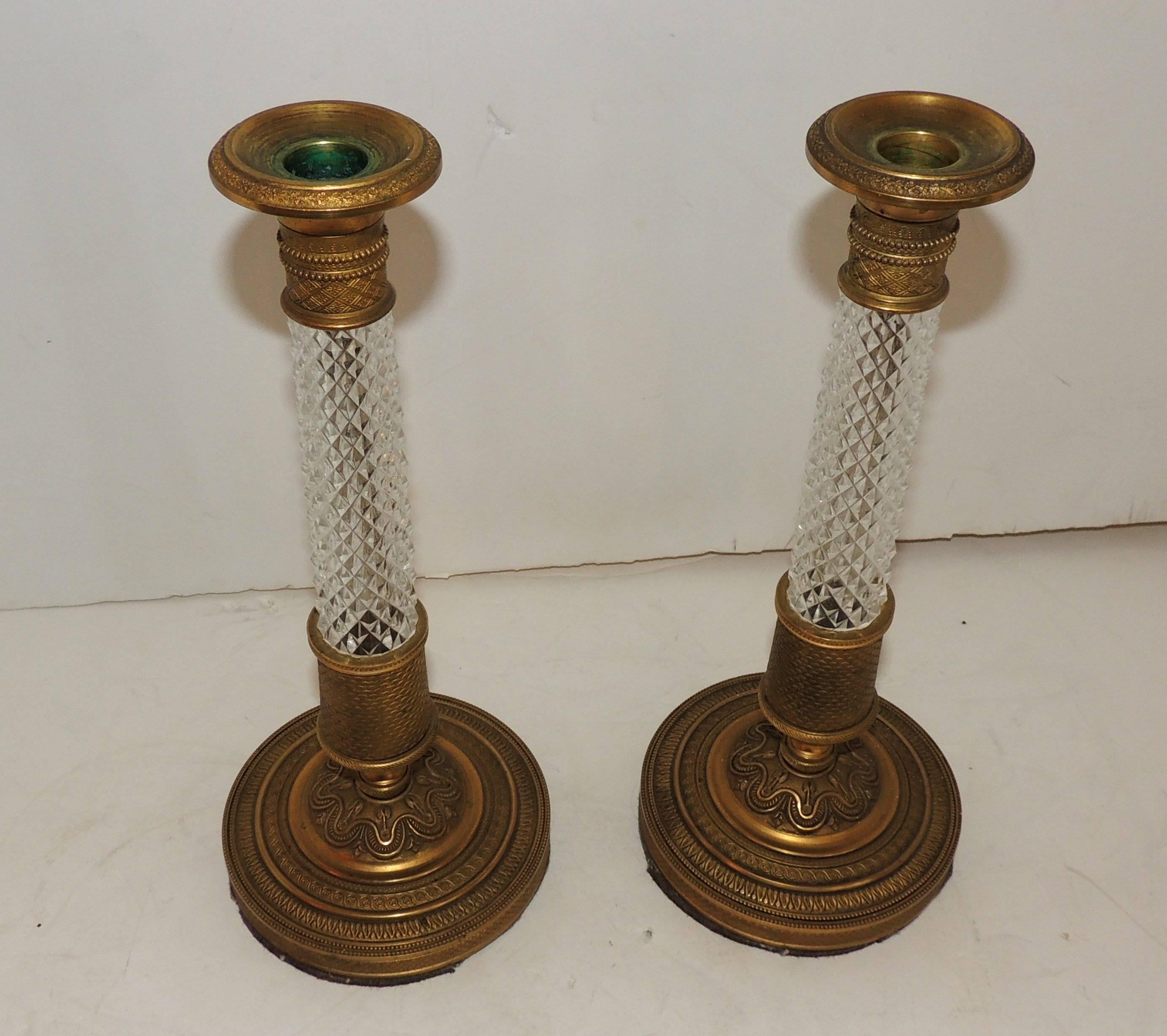 Gilt Fine Pair of French Empire Dore Bronze & Cut Crystal Ormolu-Mounted Candlesticks For Sale