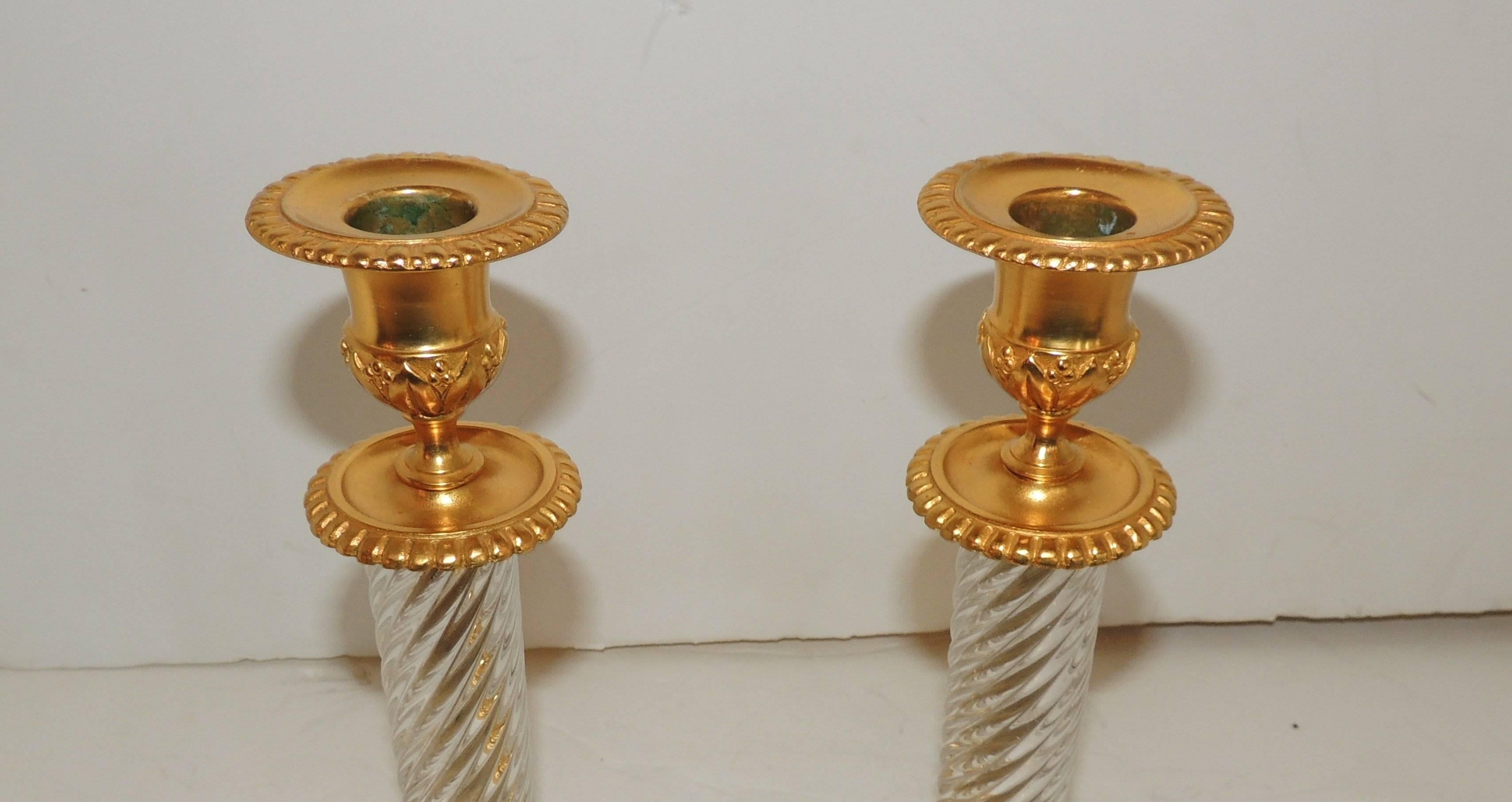 20th Century French Pair of Baccarat Empire Doré Cut Crystal Ormolu-Mounted Candlesticks