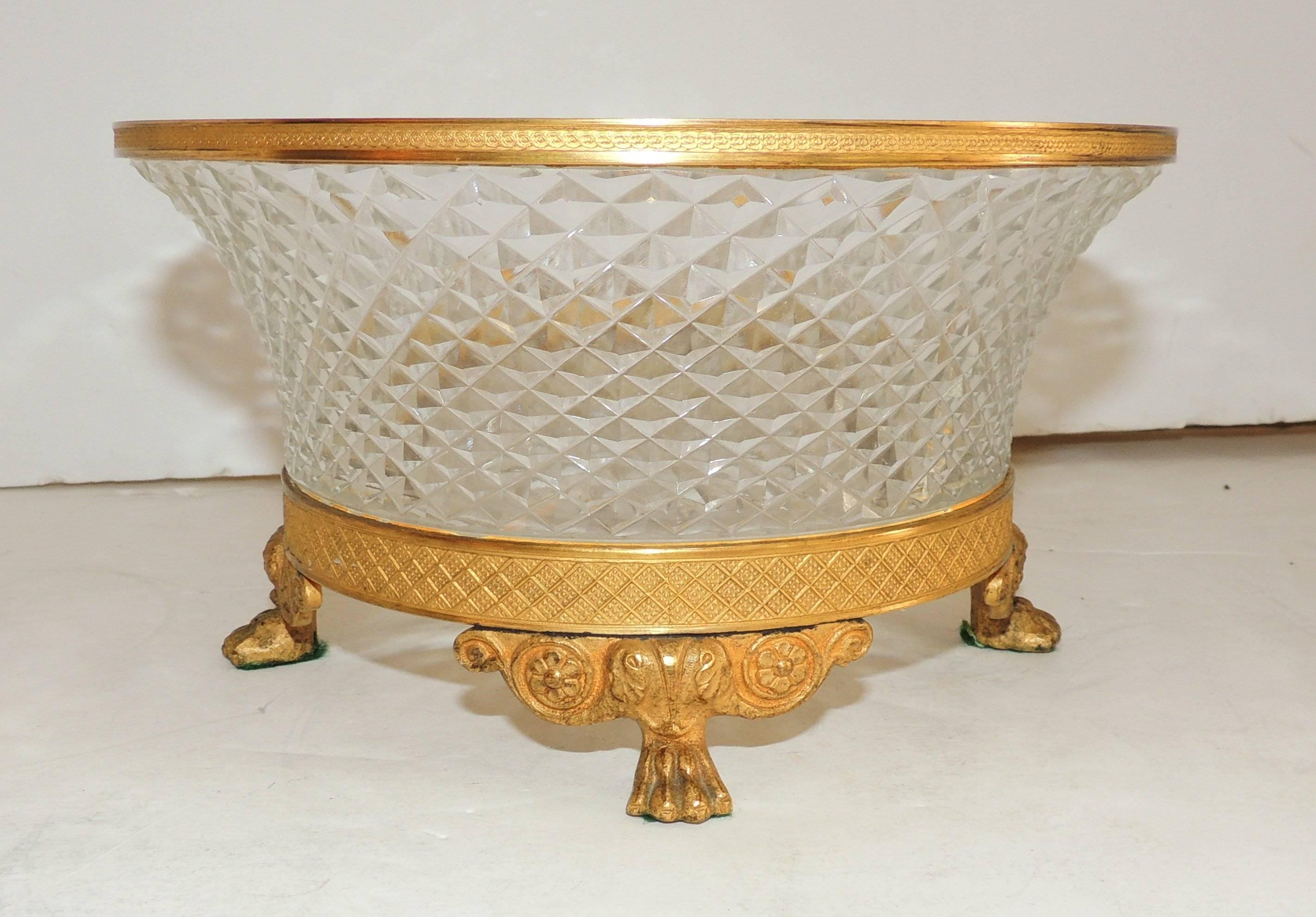 Neoclassical Wonderful French Ormolu Doré Bronze Cut Crystal Gilt Paw Feet Centerpiece Bowl For Sale