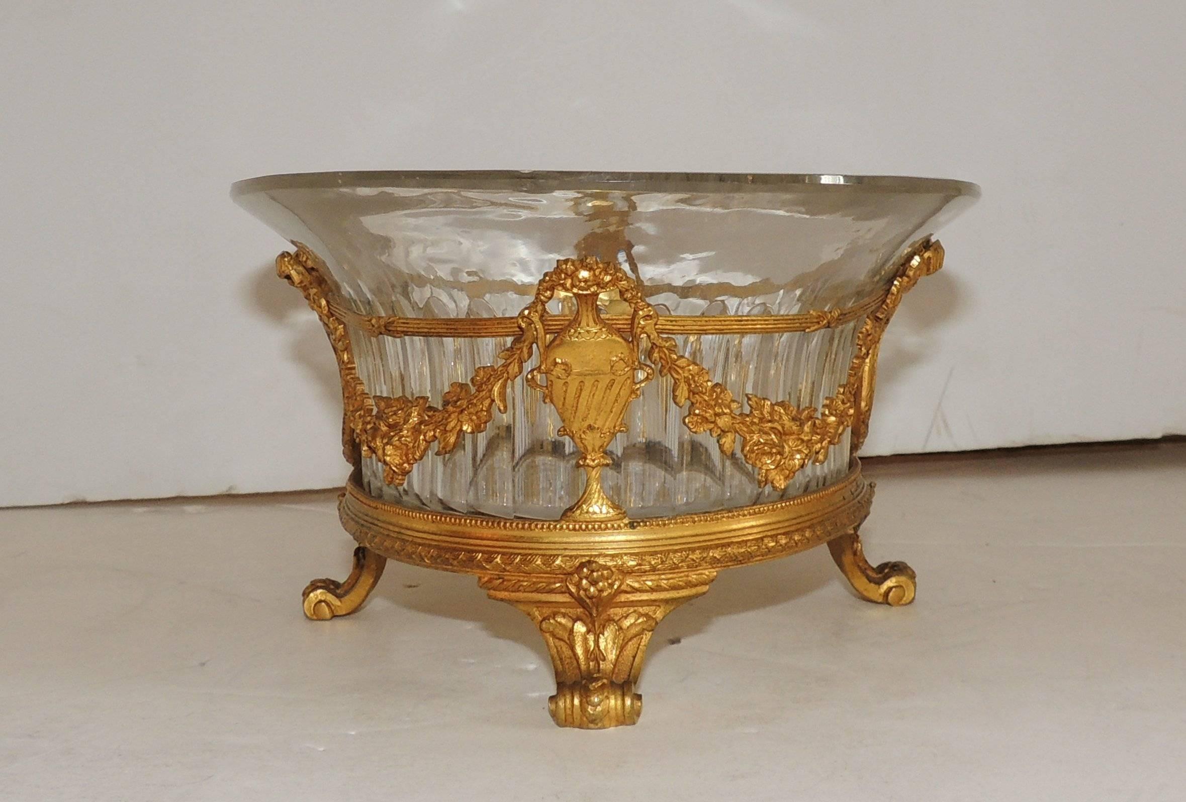 Belle Époque Wonderful French Doré Bronze Cherub Fluted Oval Crystal Gilt Ormolu Centerpiece For Sale