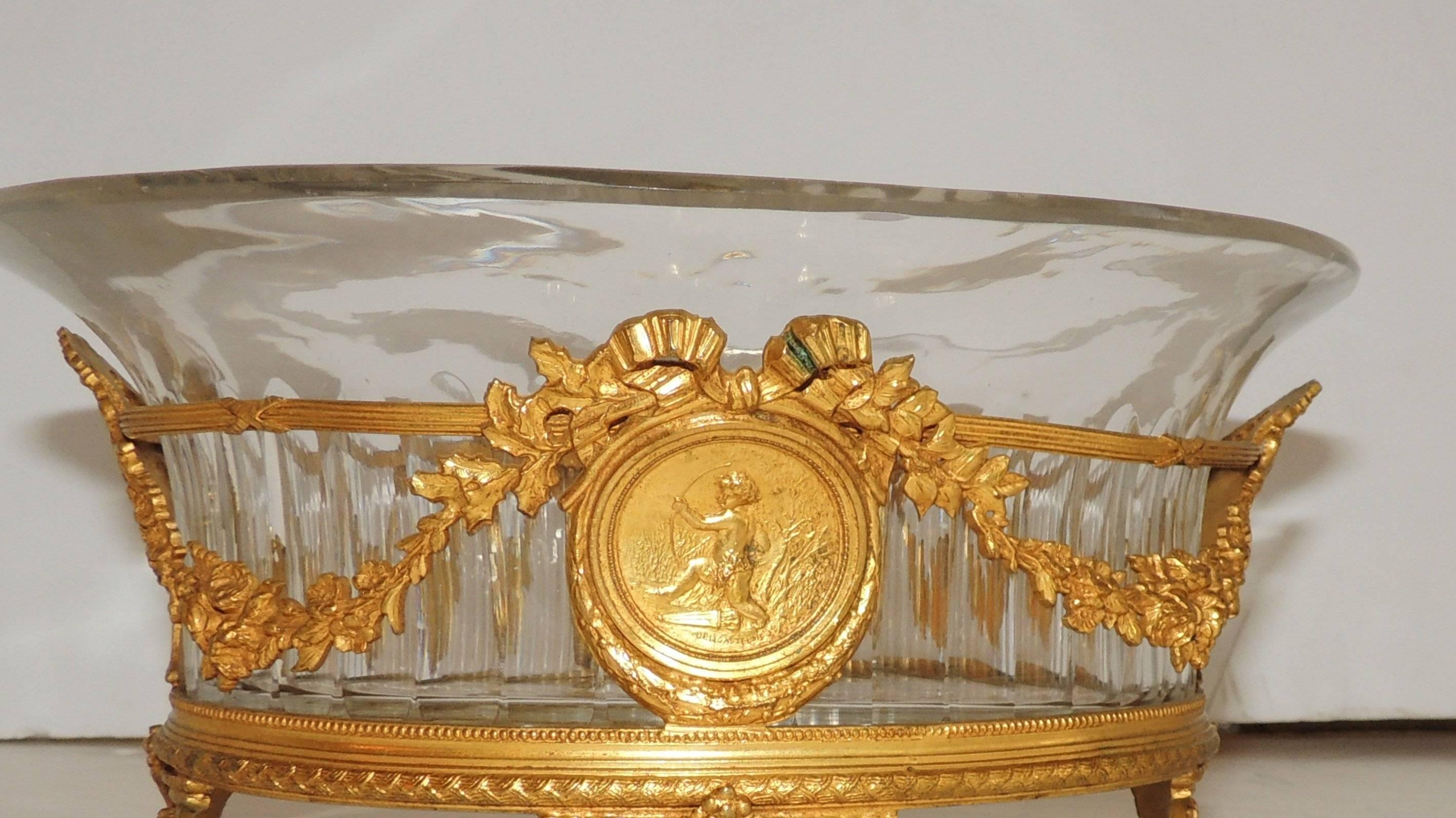 Mid-20th Century Wonderful French Doré Bronze Cherub Fluted Oval Crystal Gilt Ormolu Centerpiece For Sale