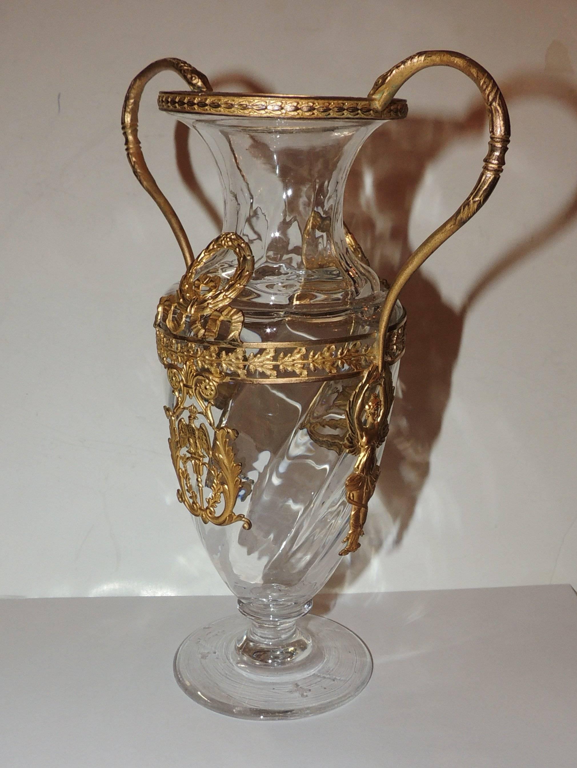 Wonderful French Bronze Ormolu-Mounted Crystal Floral and Ribbon Fluted Vase In Good Condition In Roslyn, NY