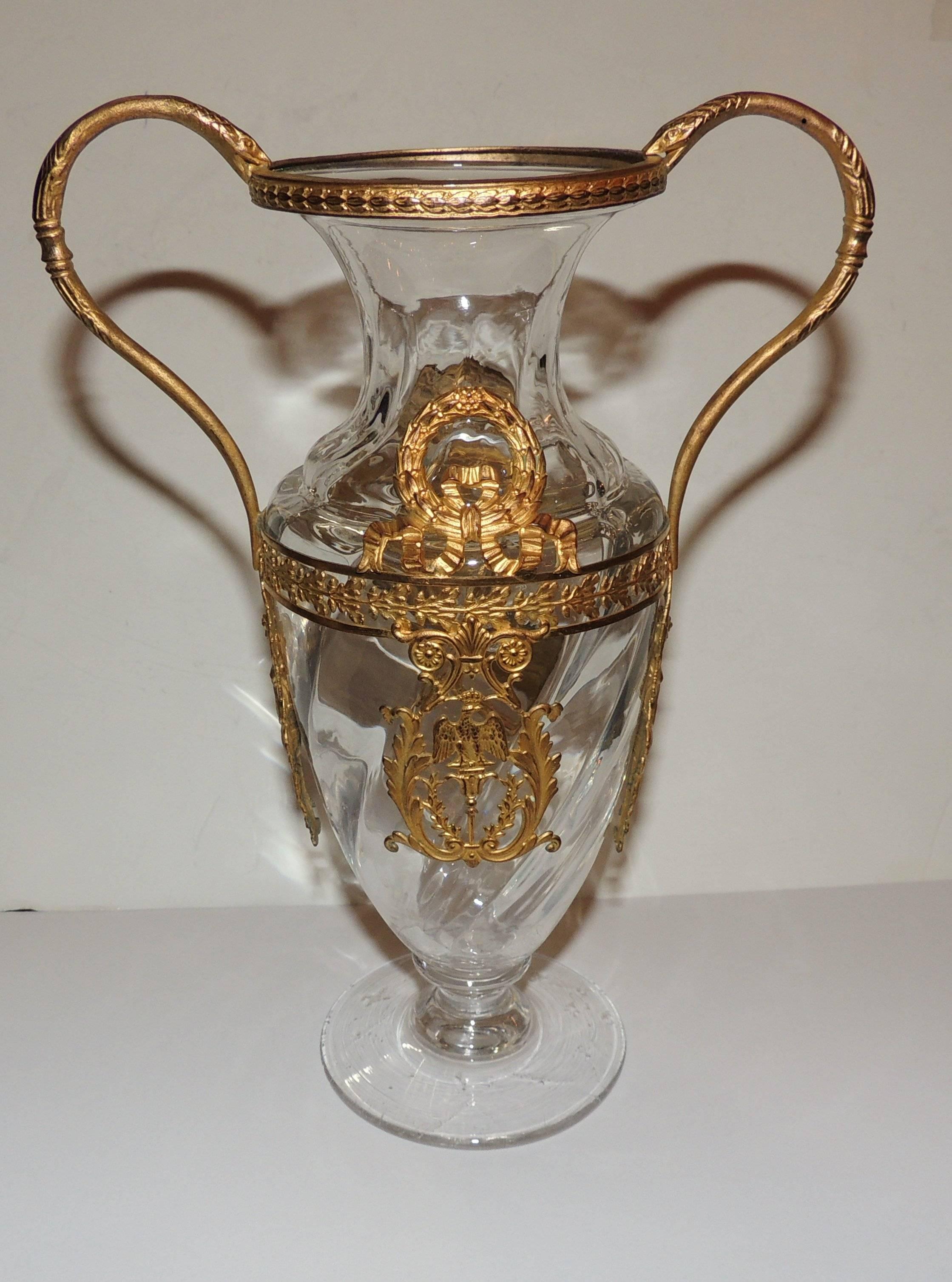 Wonderful French Bronze Ormolu-Mounted Crystal Floral and Ribbon Fluted Vase 1