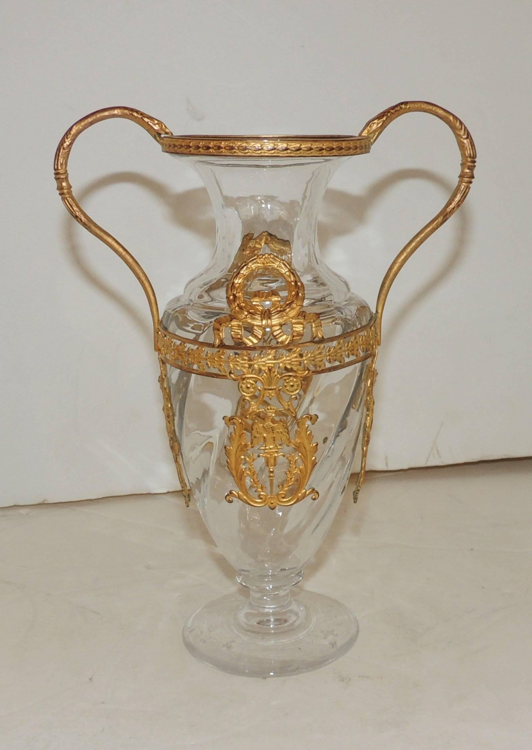 Belle Époque Wonderful French Bronze Ormolu-Mounted Crystal Floral and Ribbon Fluted Vase