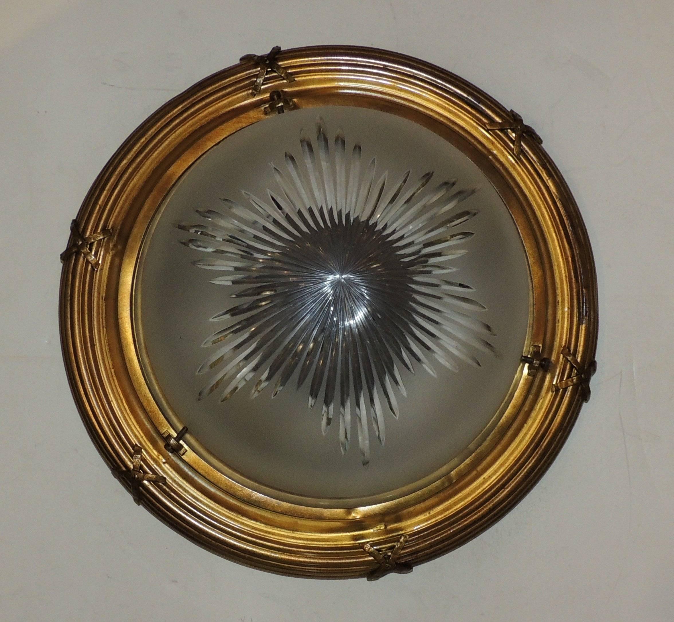 Neoclassical Wonderful X and Reed French Dore Bronze Glass Flush Mount Chandelier Fixture