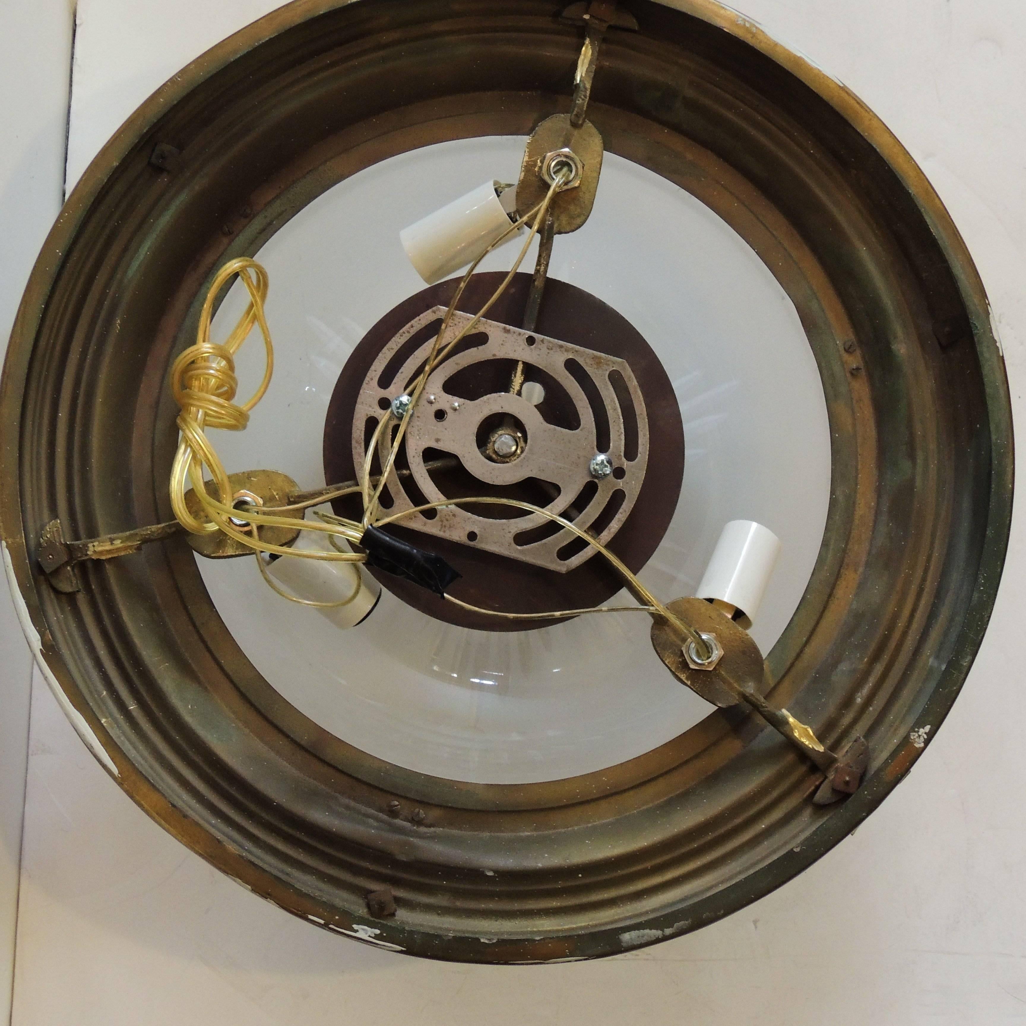 Wonderful X and Reed French Dore Bronze Glass Flush Mount Chandelier Fixture In Good Condition In Roslyn, NY