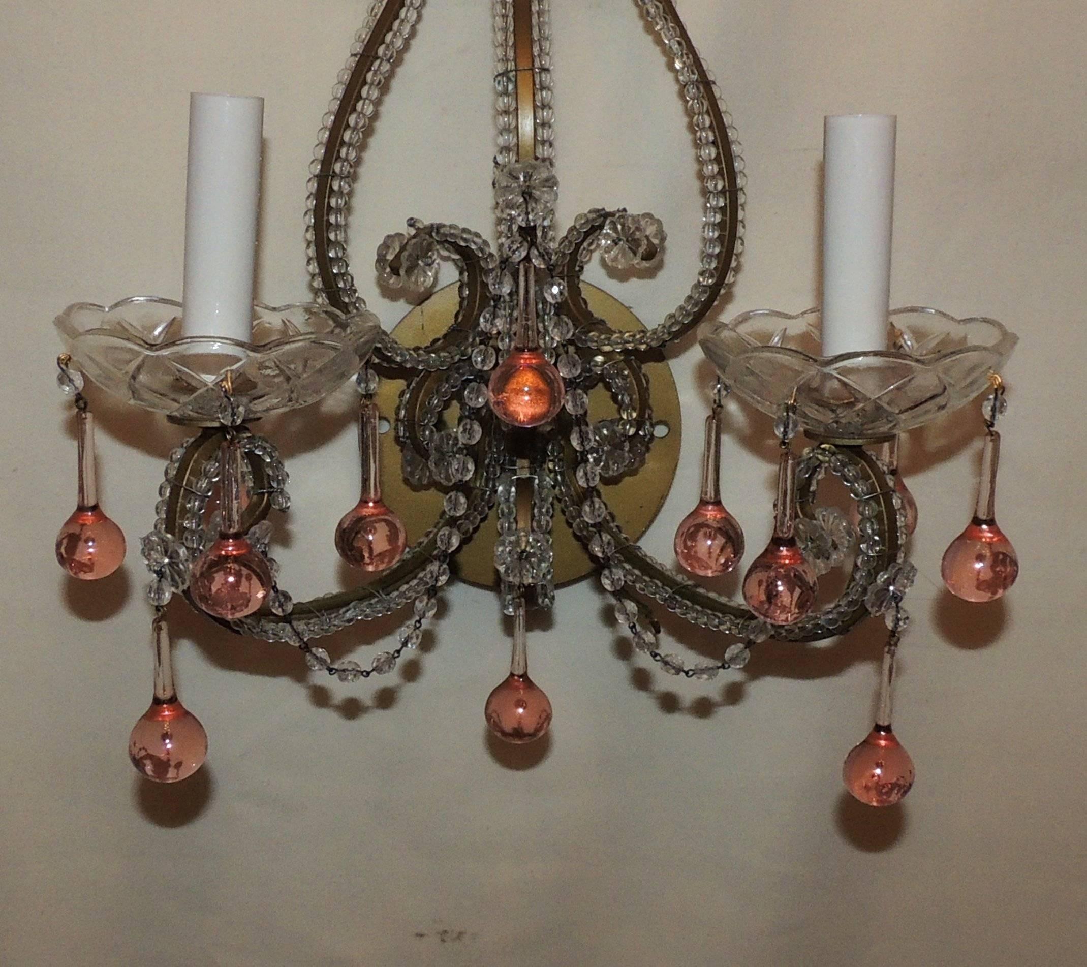 Mid-Century Modern Vintage Pair of Beaded Peach Drop Jansen Italian Bagues Crystal Sconces For Sale