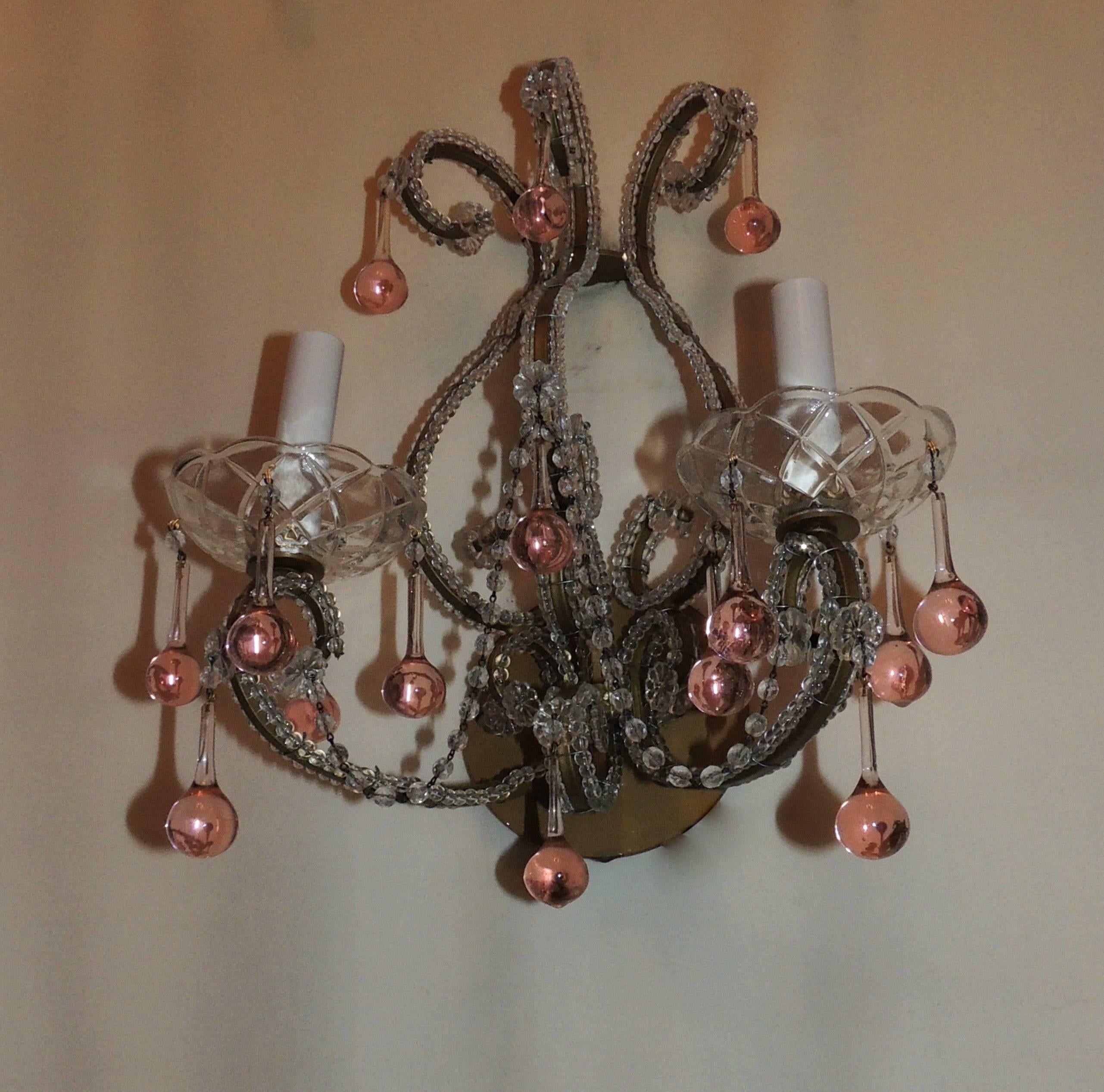 Mid-20th Century Vintage Pair of Beaded Peach Drop Jansen Italian Bagues Crystal Sconces For Sale