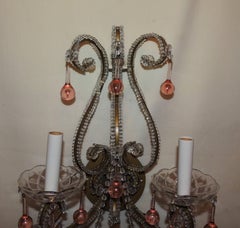 Vintage Pair of Beaded Peach Drop Jansen Italian Bagues Crystal Sconces