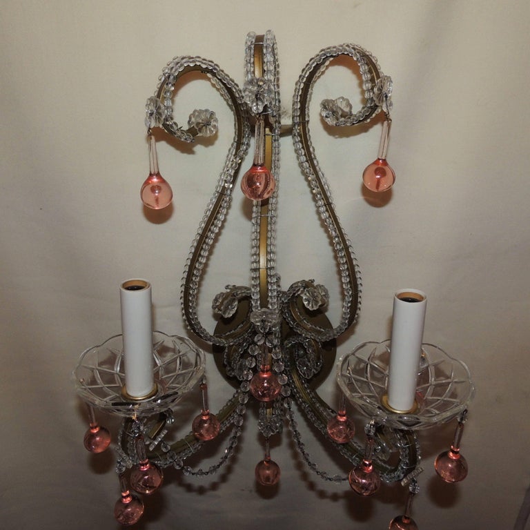 Vintage Pair of Beaded Peach Drop Jansen Italian Bagues Crystal Sconces In Good Condition For Sale In Roslyn, NY