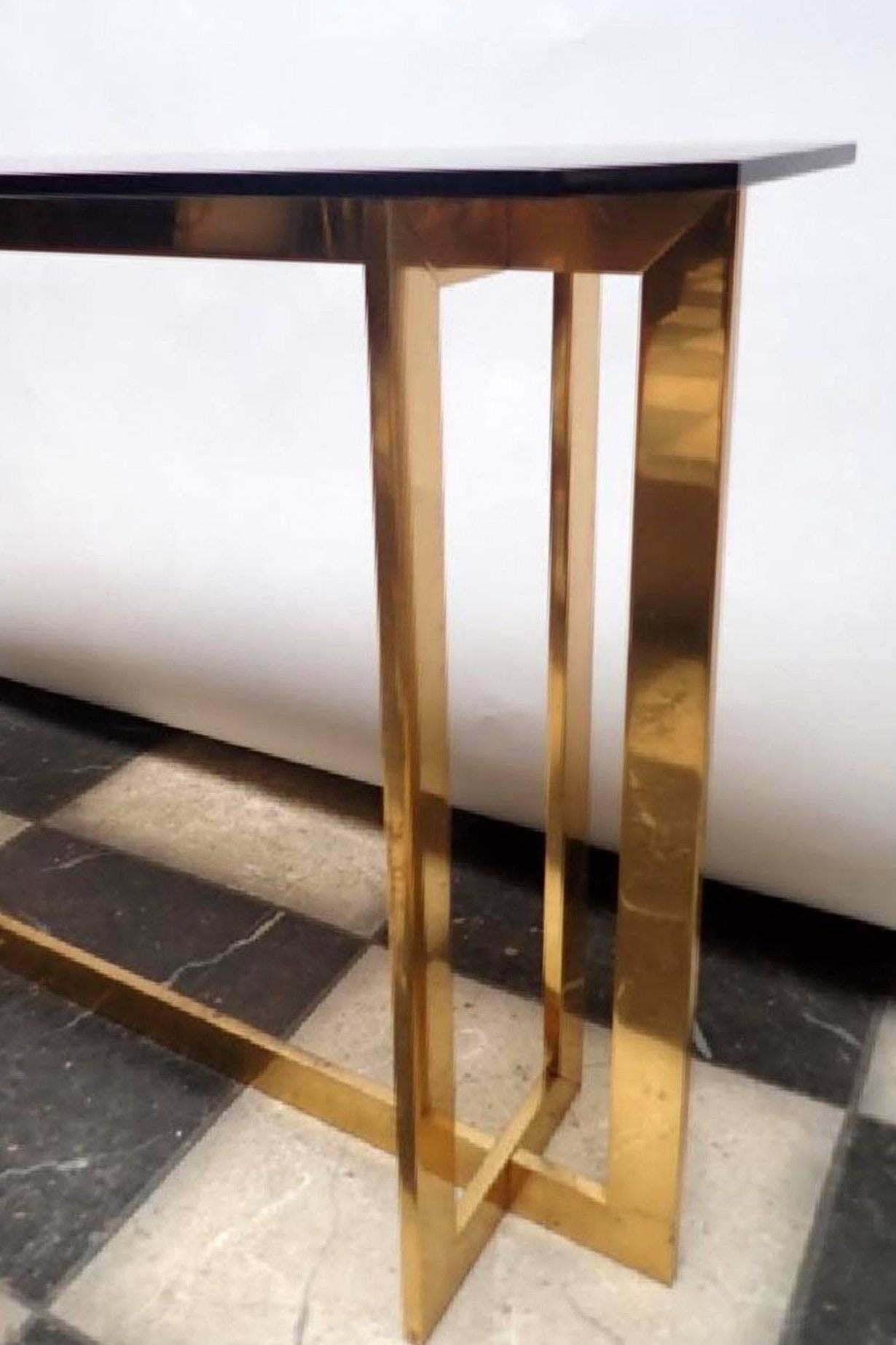 Polished Vintage Mid-Century Modern Brass Bronze Transitional Smoke Glass Console Table